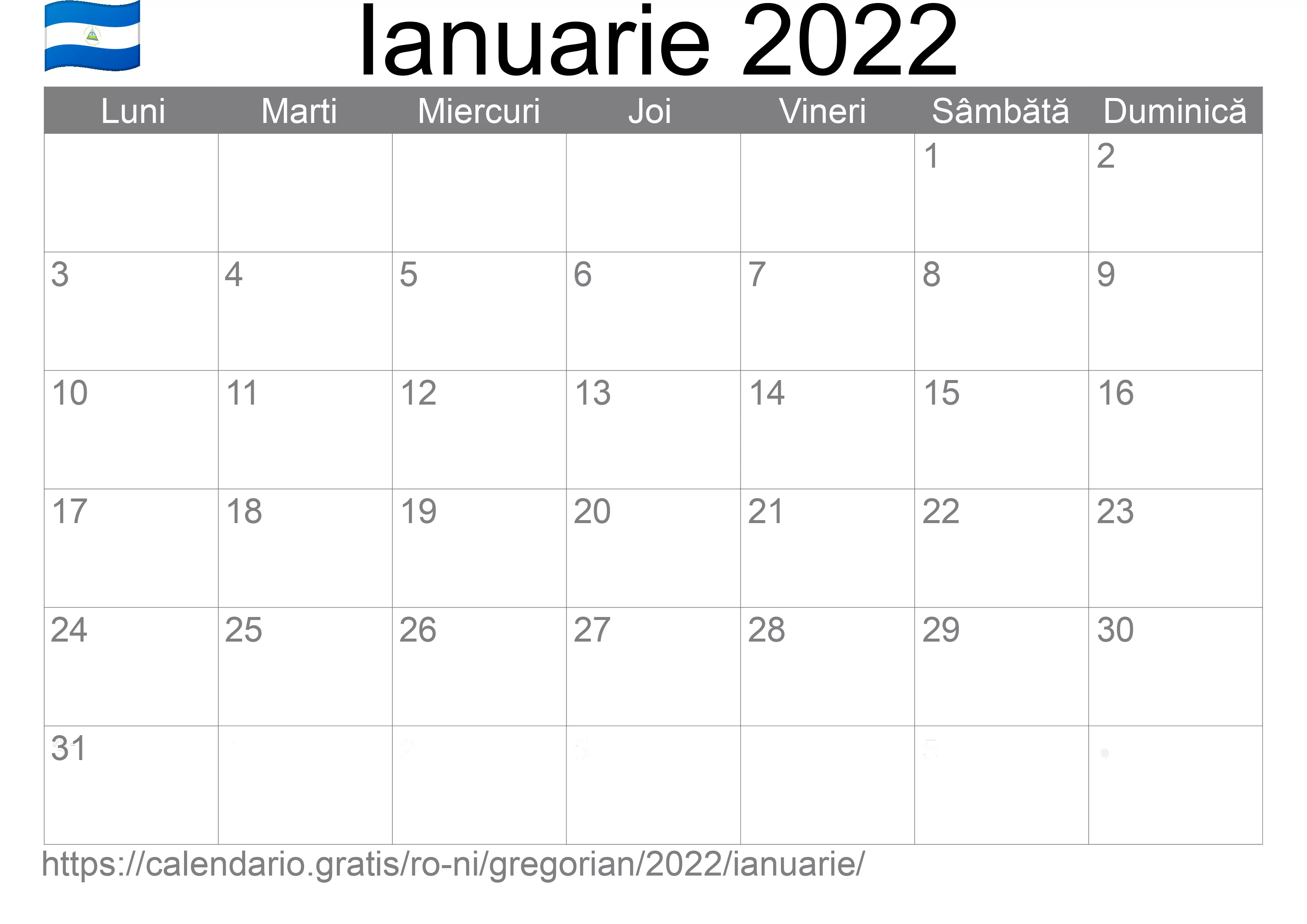 Calendar Ianuarie 2022 pentru imprimare (Nicaragua)