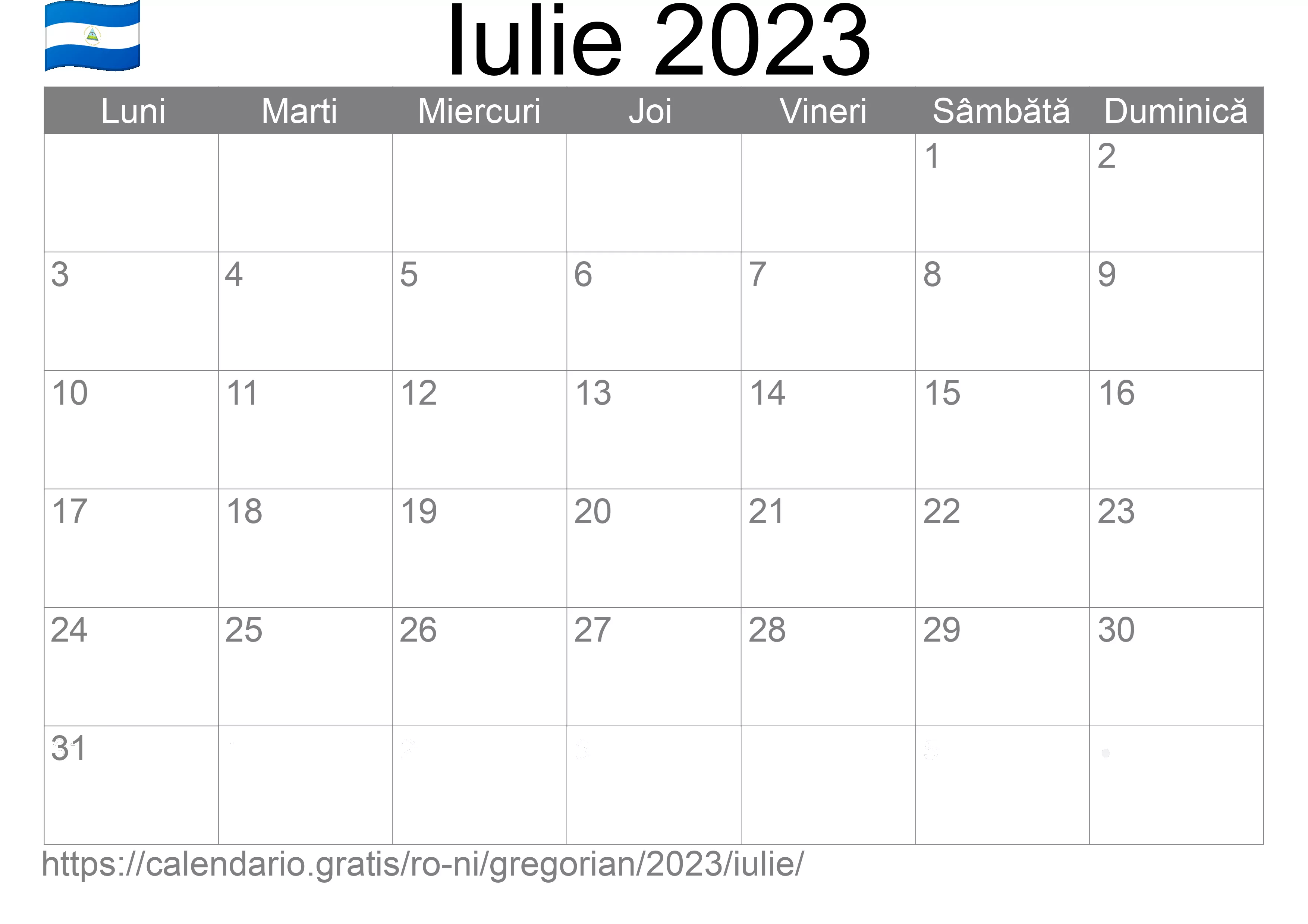 Calendar Iulie 2023 pentru imprimare (Nicaragua) Calendar Iulie 2023 pentru imprimare (Nicaragua)