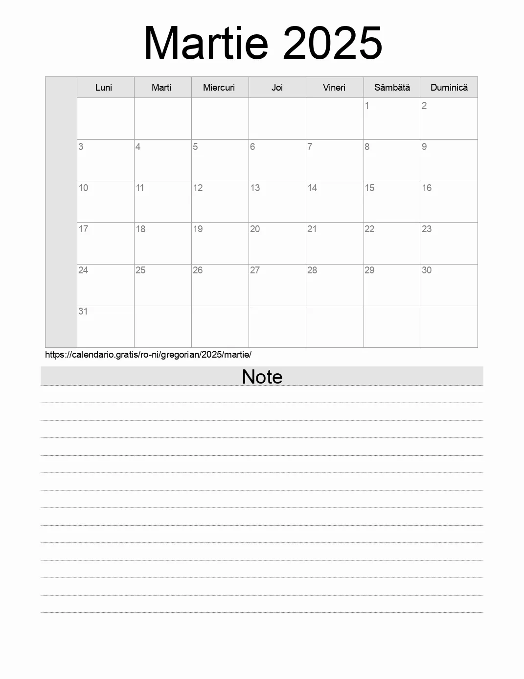 Calendar pentru Martie 2025 de imprimat cu note. (Nicaragua)