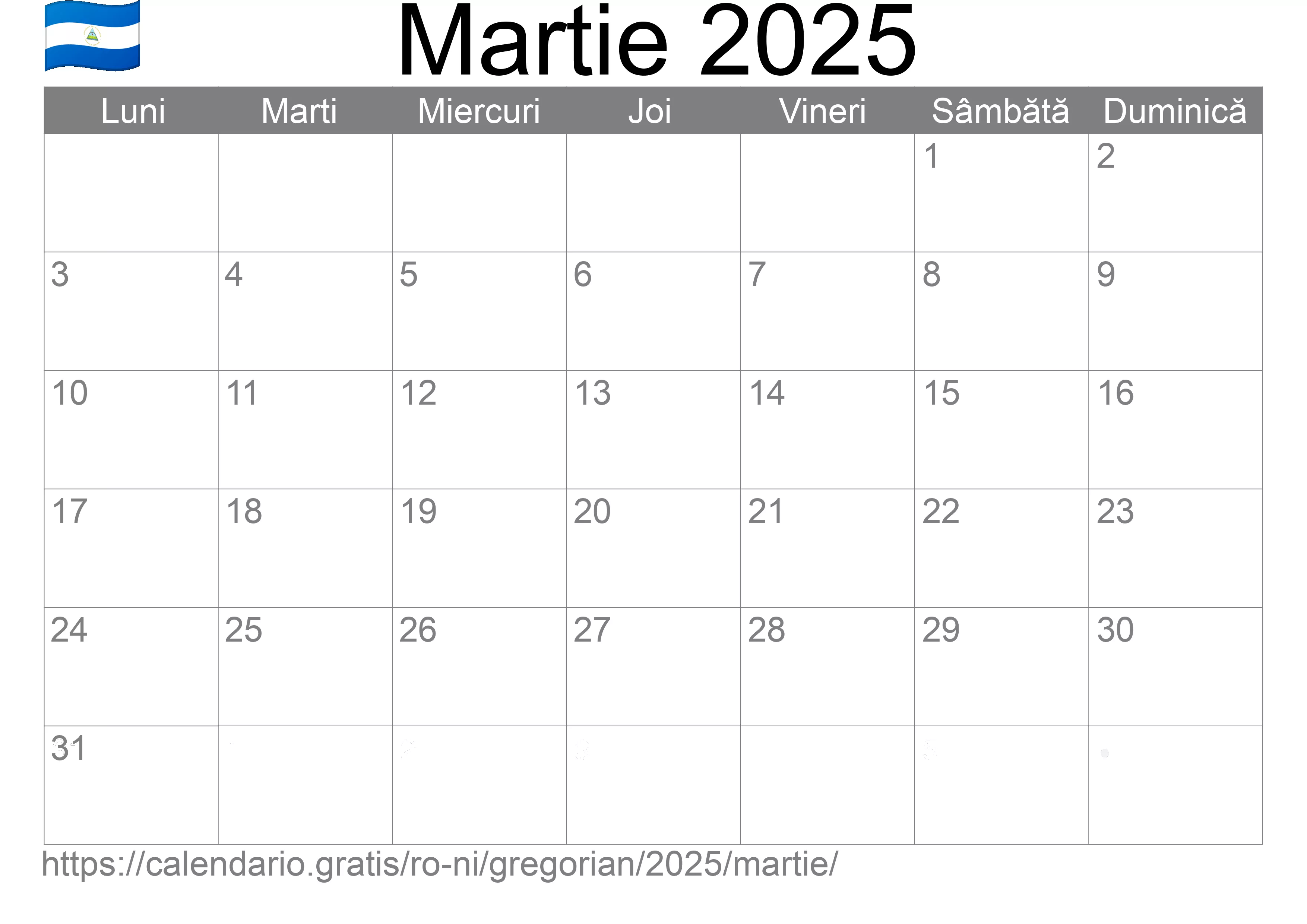 Calendar Martie 2025 pentru imprimare (Nicaragua)