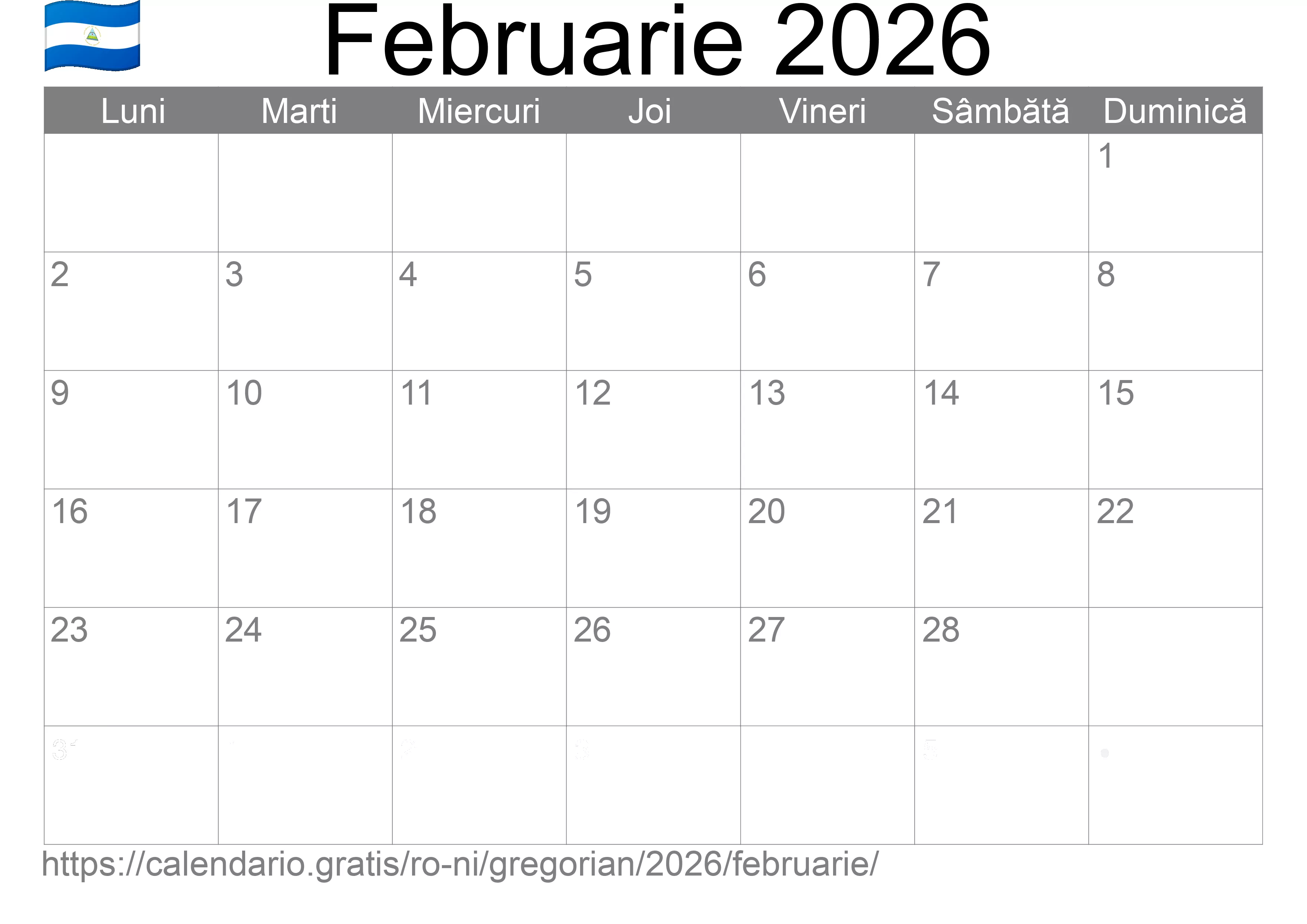 Calendar Februarie 2026 pentru imprimare (Nicaragua) Calendar Februarie 2026 pentru imprimare (Nicaragua)