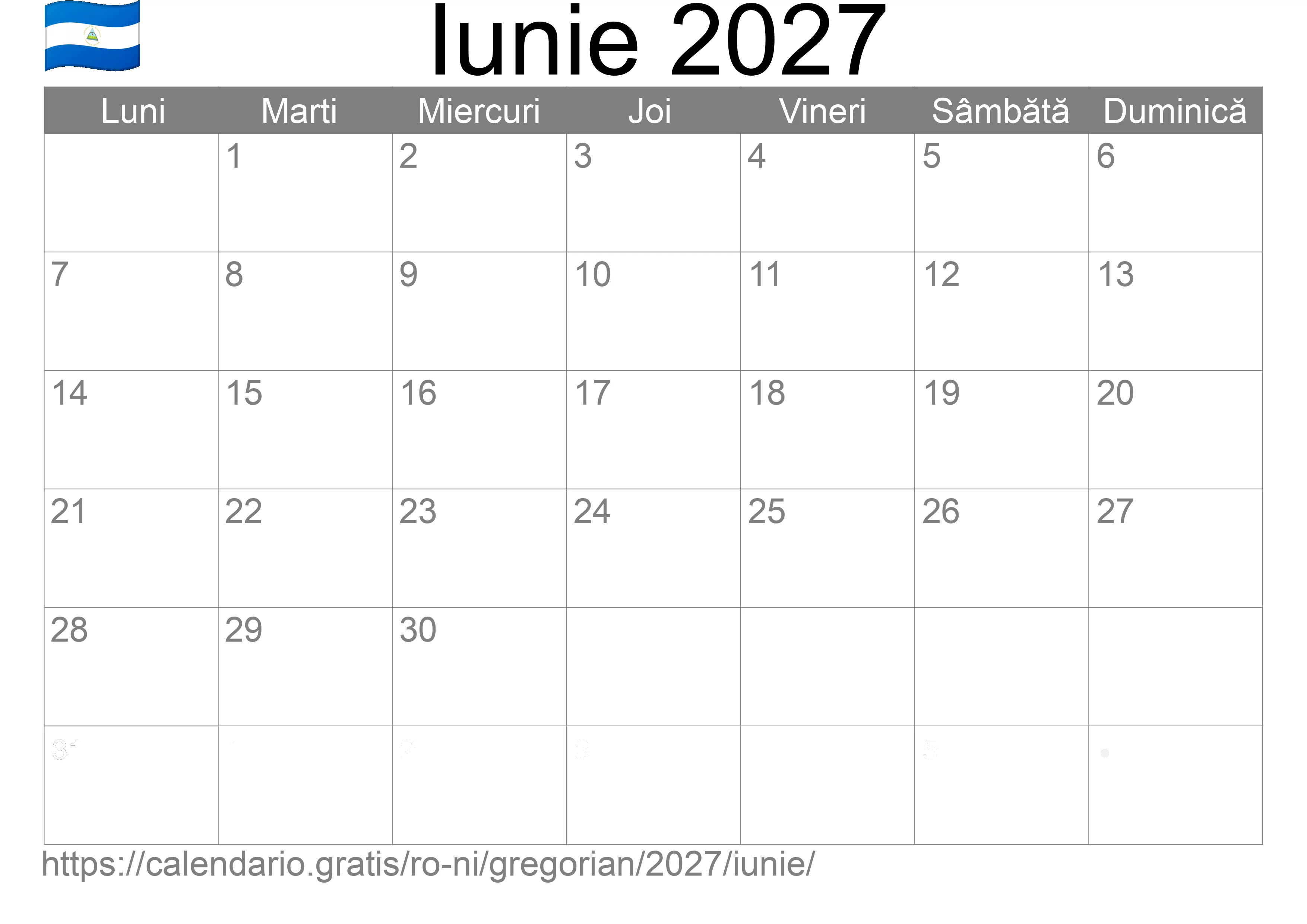Calendar Iunie 2027 pentru imprimare (Nicaragua)