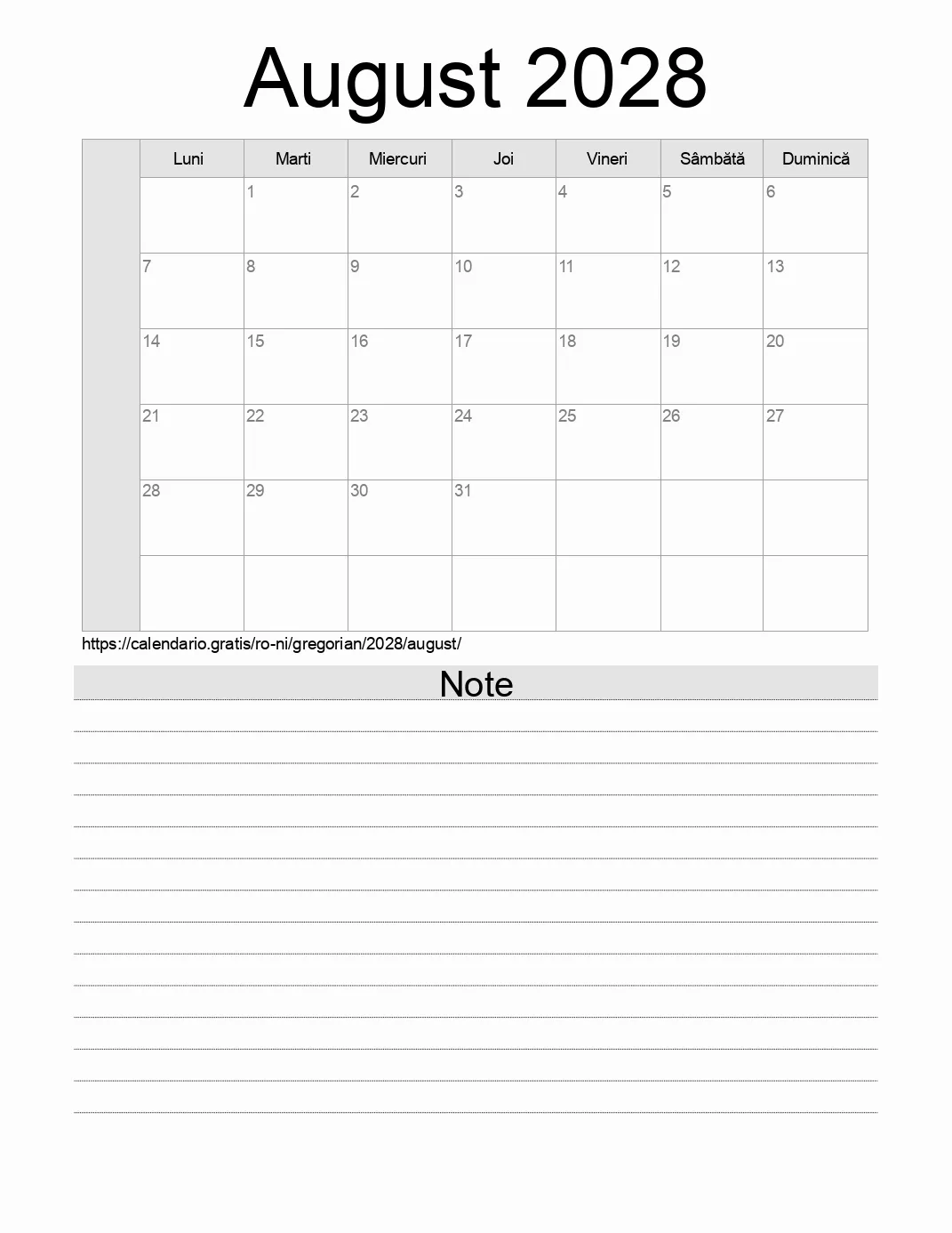 Calendar pentru August 2028 de imprimat cu note. (Nicaragua) Calendar pentru August 2028 de imprimat cu note. (Nicaragua)