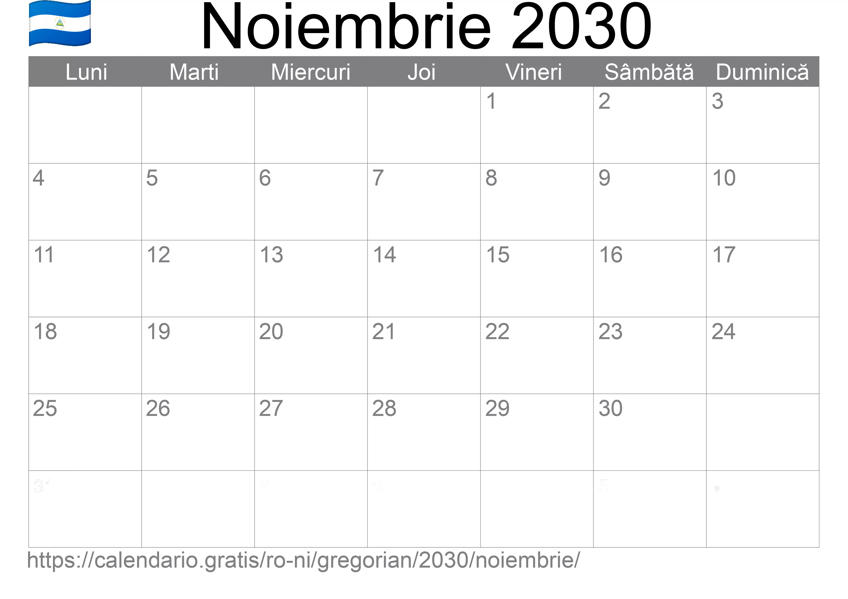 Calendar Noiembrie 2030 pentru imprimare (Nicaragua) Calendar Noiembrie 2030 pentru imprimare (Nicaragua)