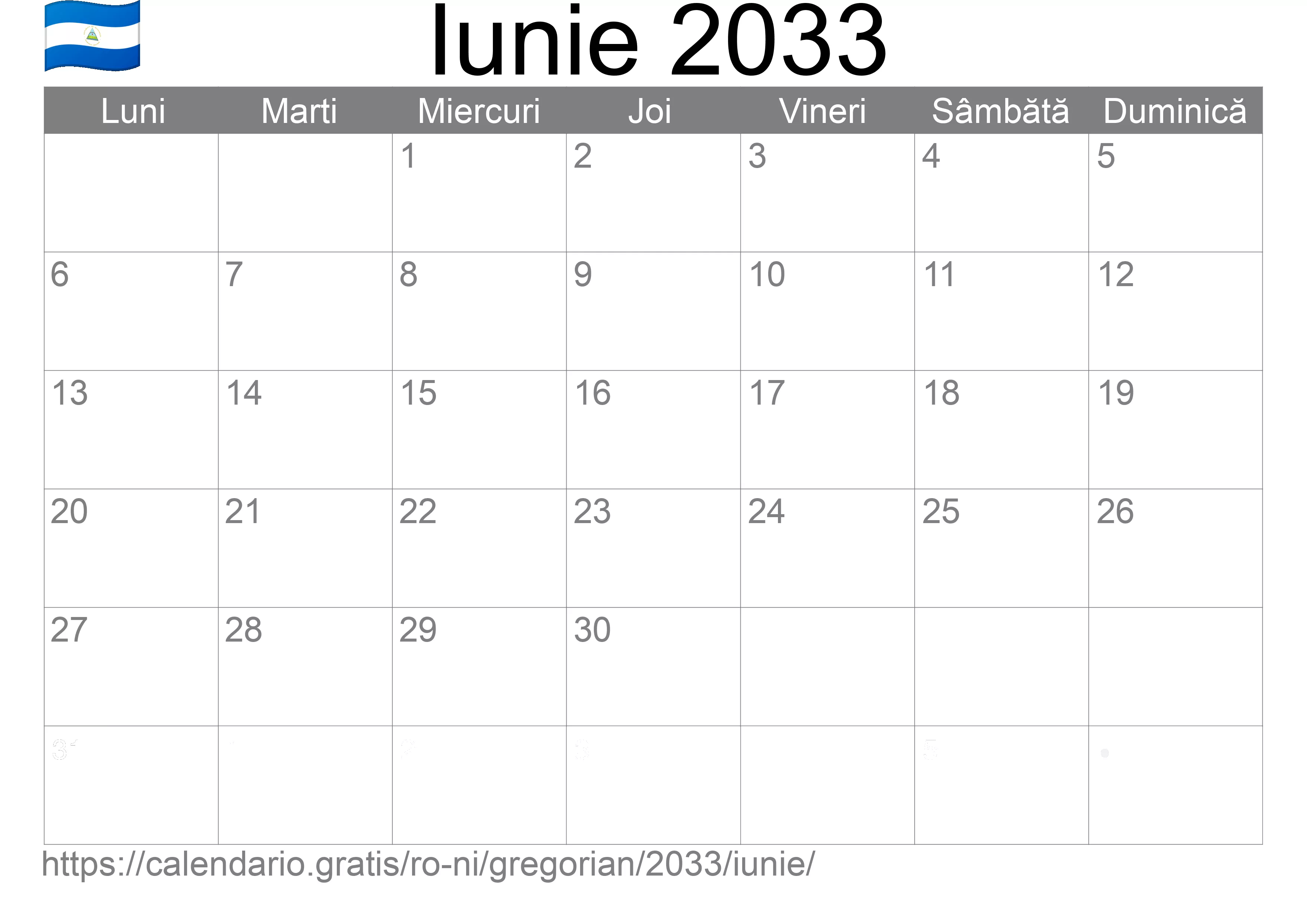 Calendar Iunie 2033 pentru imprimare (Nicaragua) Calendar Iunie 2033 pentru imprimare (Nicaragua)
