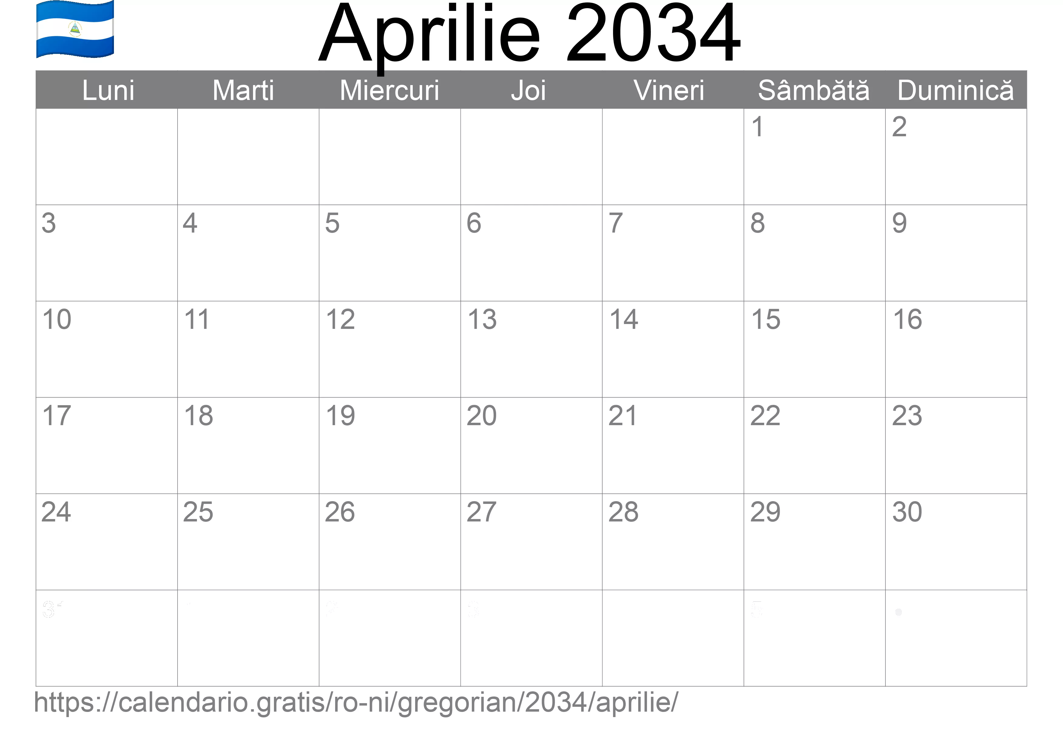 Calendar Aprilie 2034 pentru imprimare (Nicaragua) Calendar Aprilie 2034 pentru imprimare (Nicaragua)