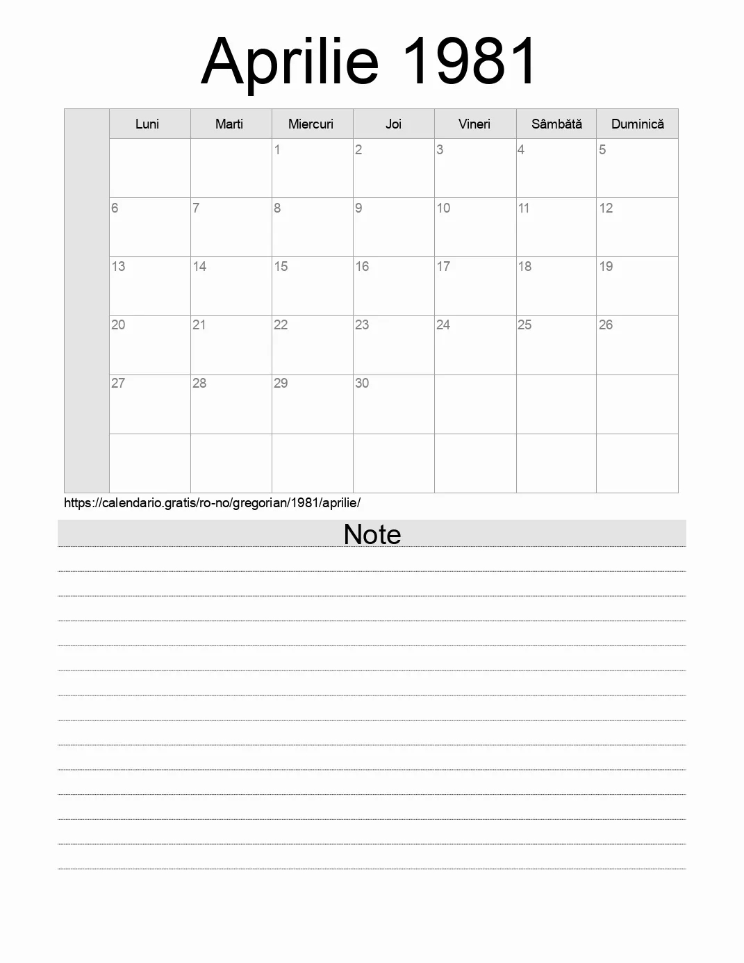 Calendar pentru Aprilie 1981 de imprimat cu note. (Norvegia)