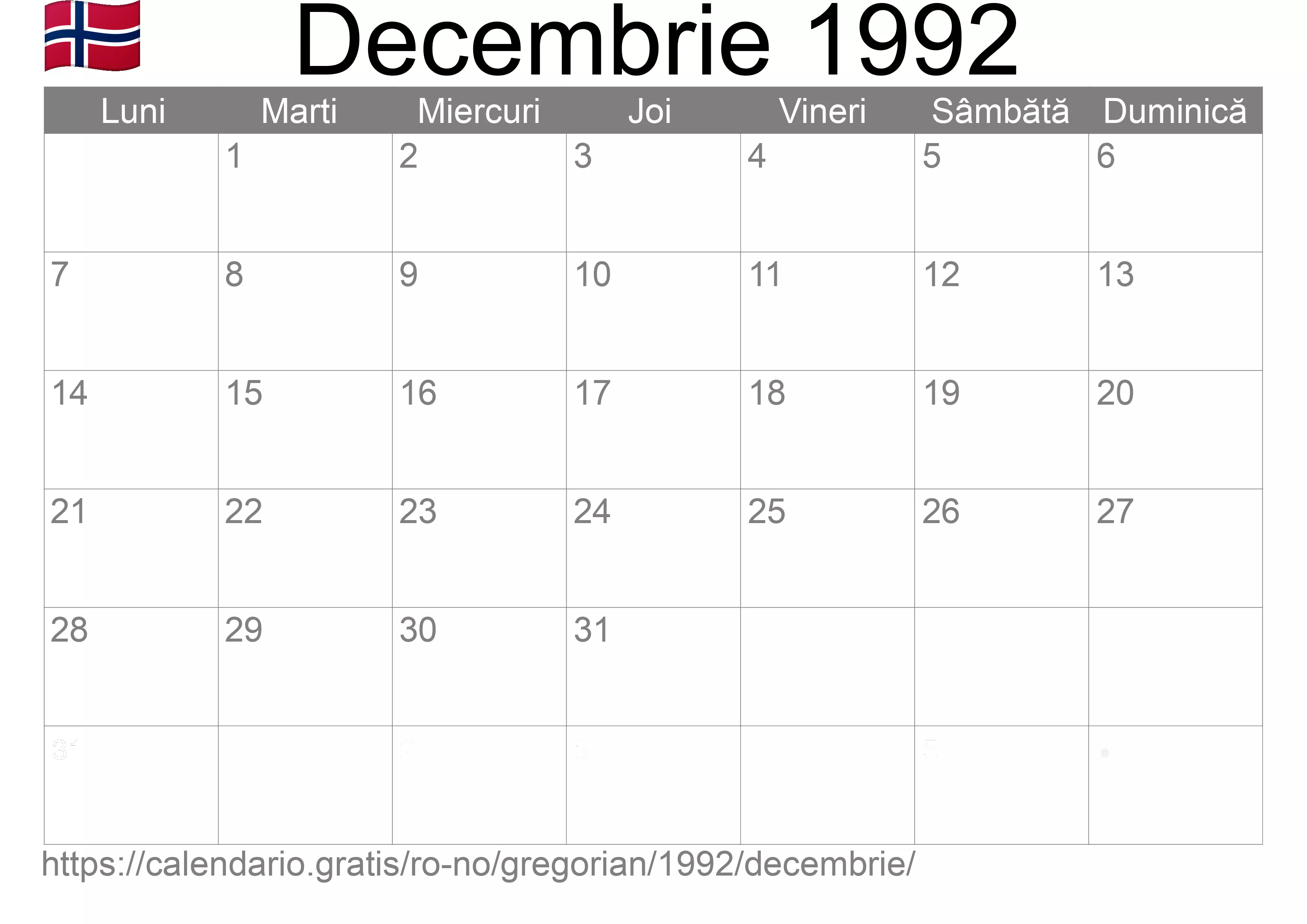 Calendar Decembrie 1992 pentru imprimare (Norvegia) Calendar Decembrie 1992 pentru imprimare (Norvegia)
