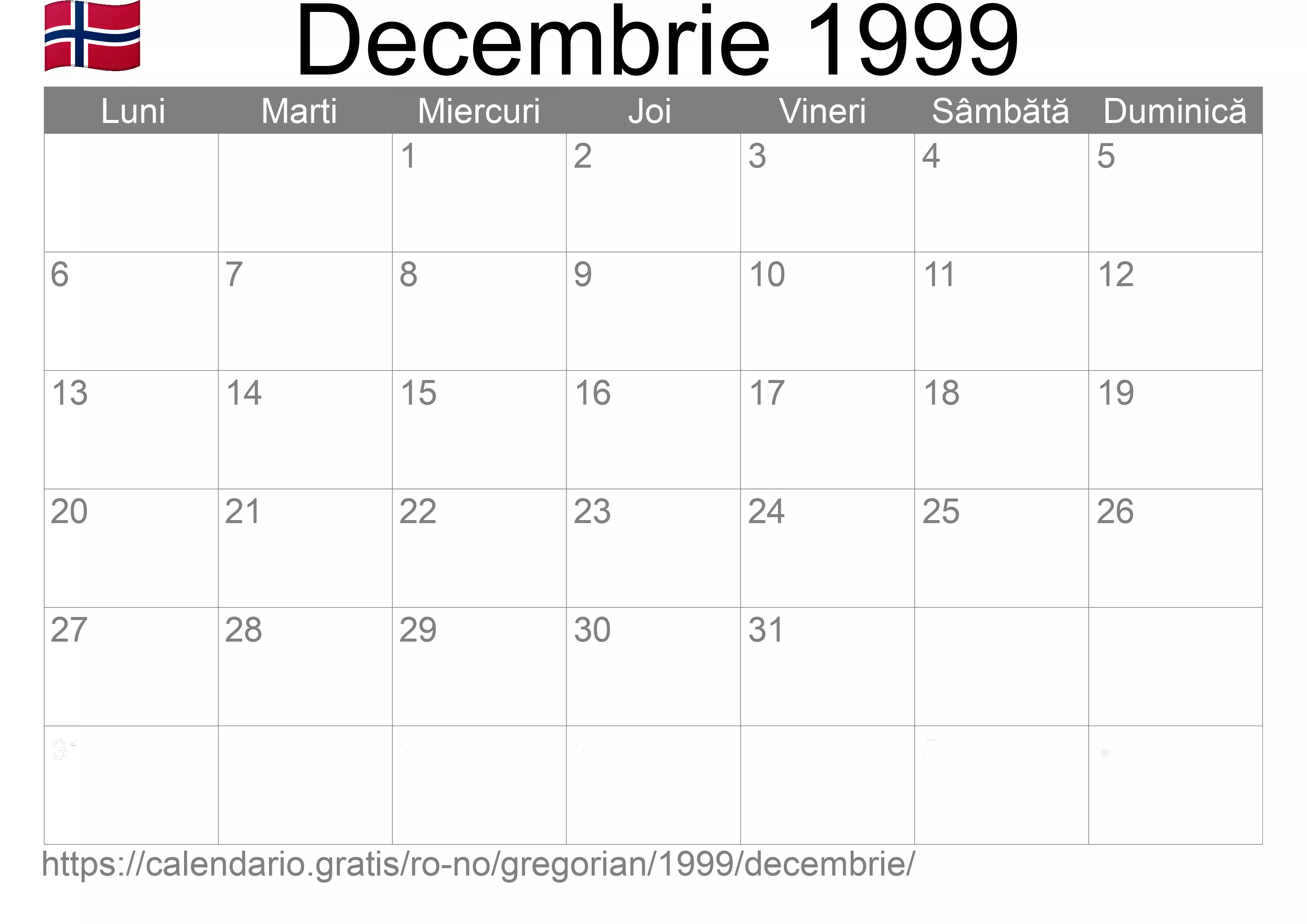 Calendar Decembrie 1999 pentru imprimare (Norvegia)