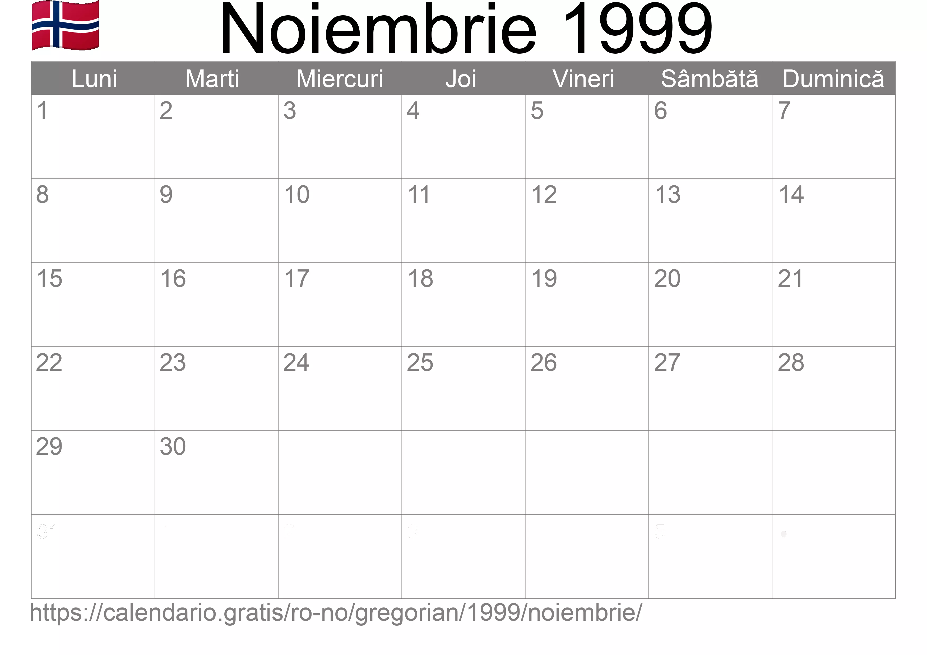 Calendar Noiembrie 1999 pentru imprimare (Norvegia)
