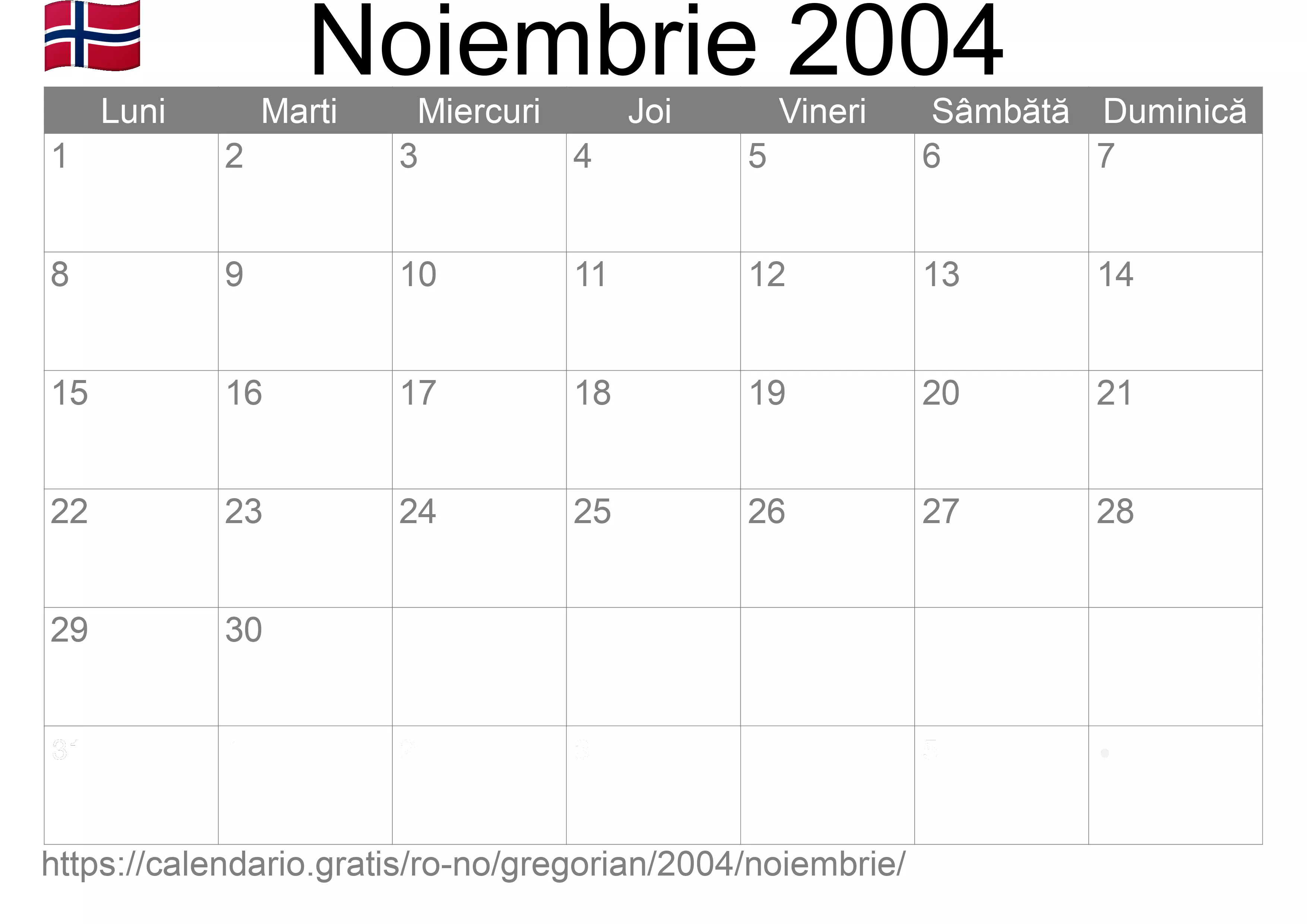 Calendar Noiembrie 2004 pentru imprimare (Norvegia)