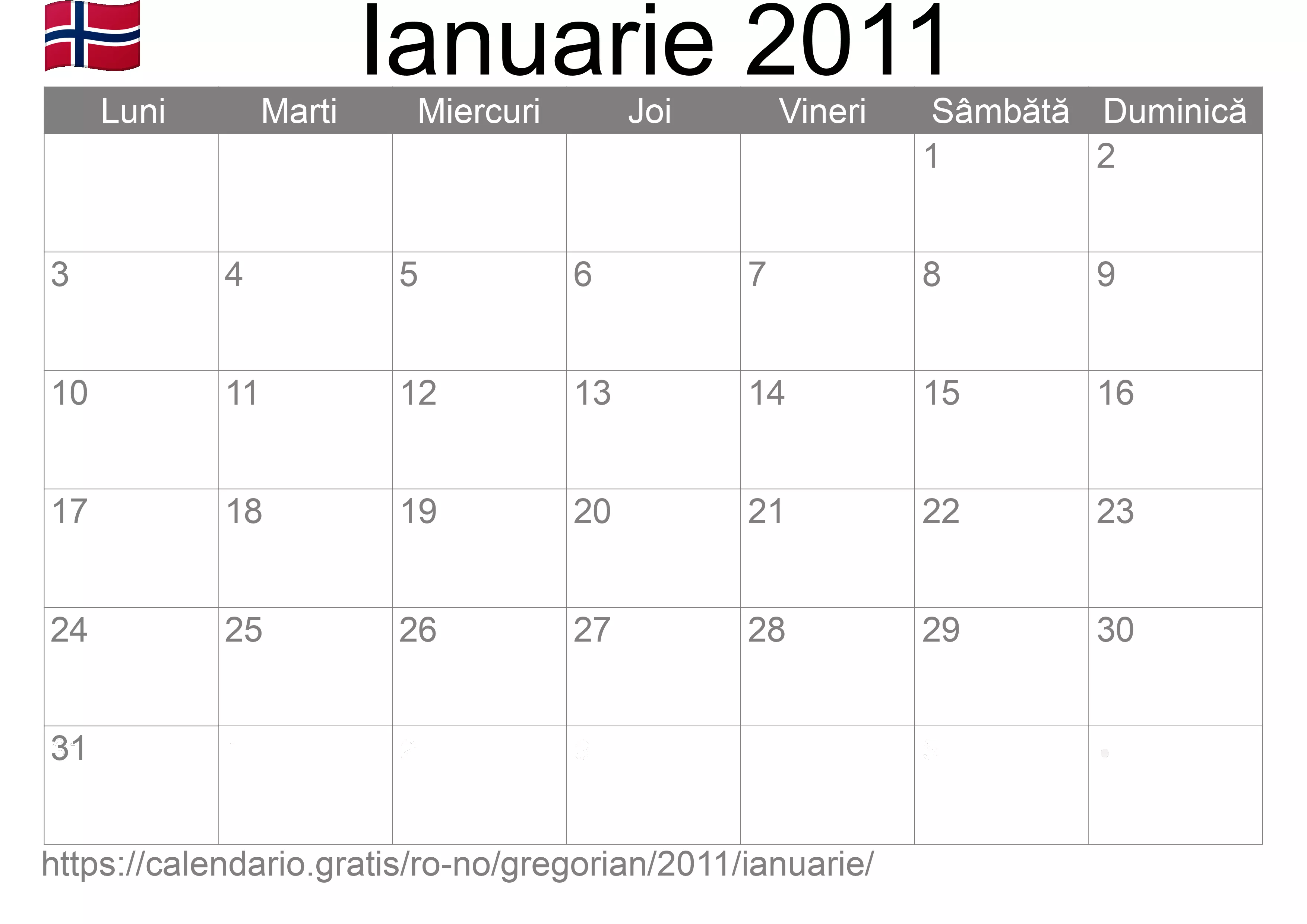 Calendar Ianuarie 2011 pentru imprimare (Norvegia) Calendar Ianuarie 2011 pentru imprimare (Norvegia)