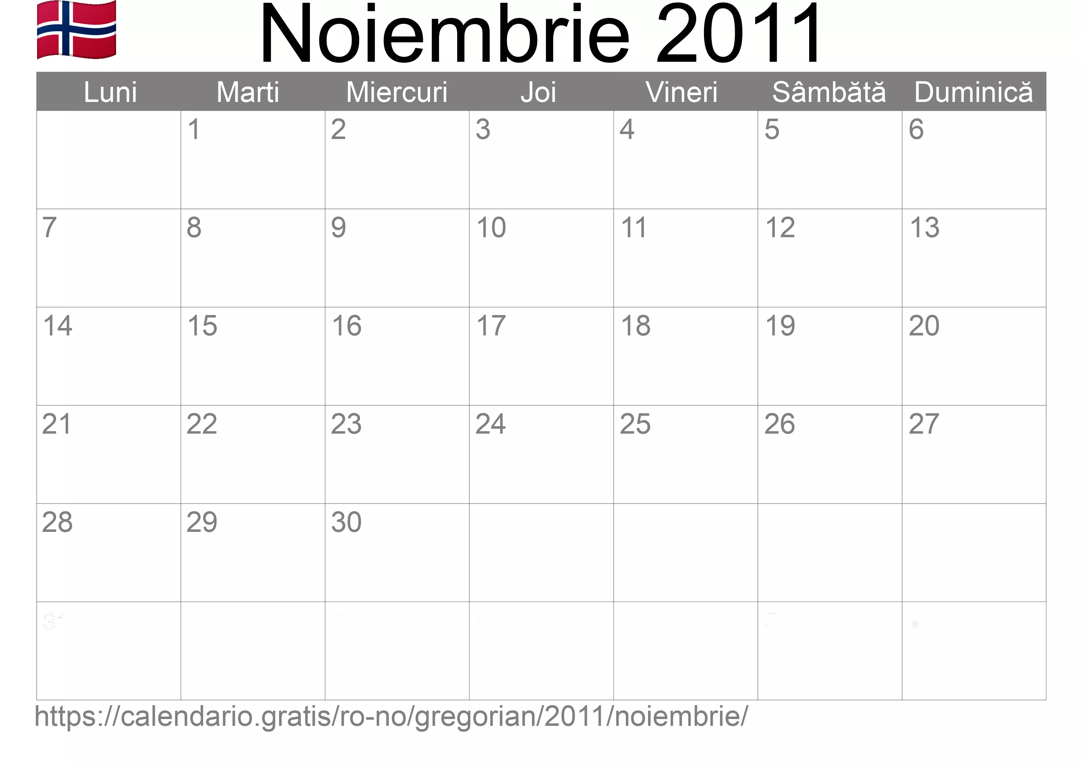 Calendar Noiembrie 2011 pentru imprimare (Norvegia)