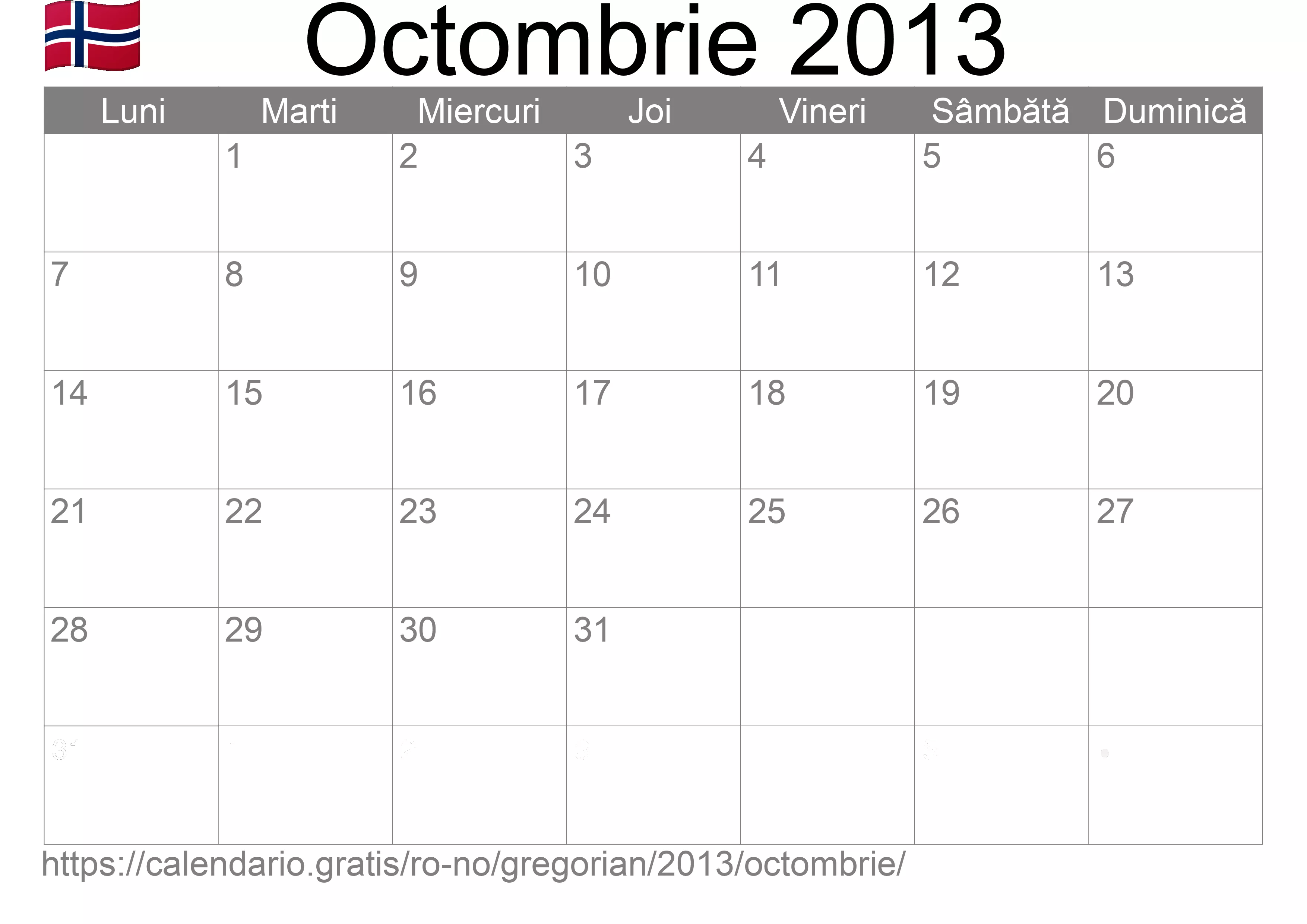 Calendar Octombrie 2013 pentru imprimare (Norvegia)