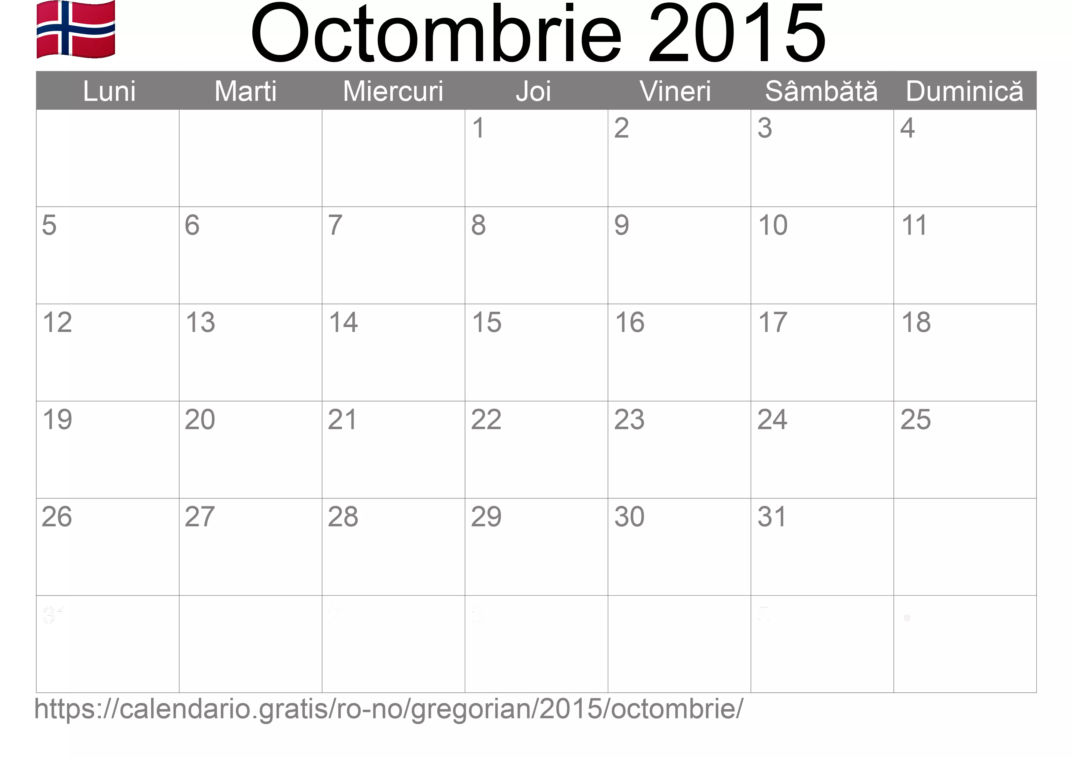 Calendar Octombrie 2015 pentru imprimare (Norvegia) Calendar Octombrie 2015 pentru imprimare (Norvegia)