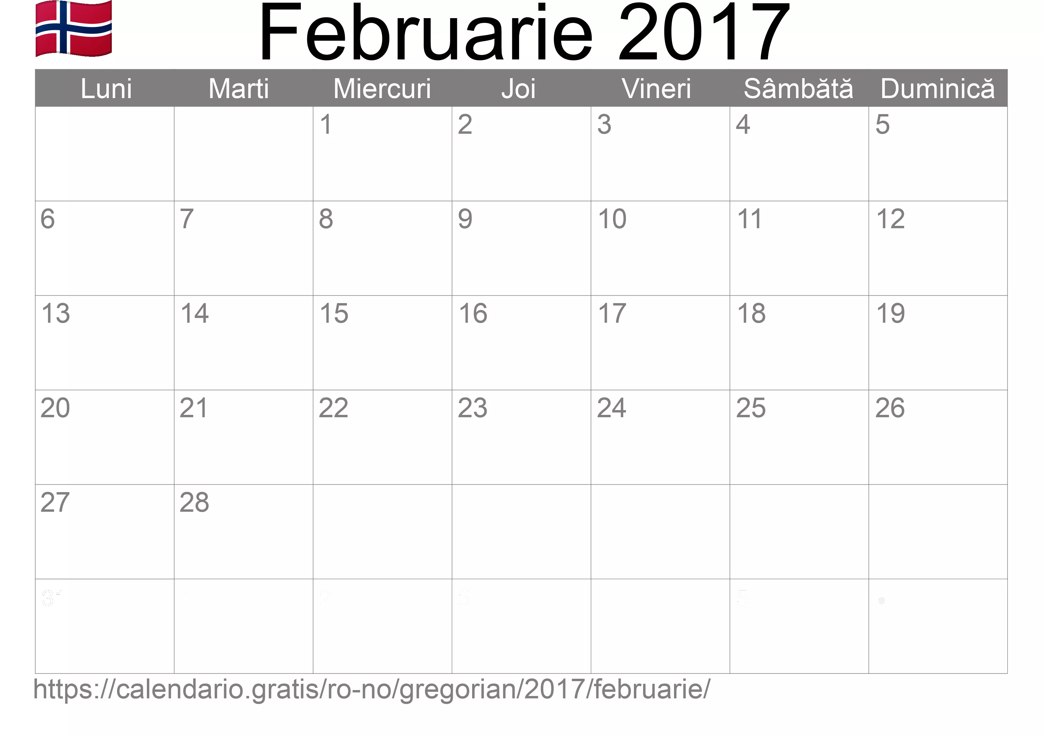 Calendar Februarie 2017 pentru imprimare (Norvegia) Calendar Februarie 2017 pentru imprimare (Norvegia)