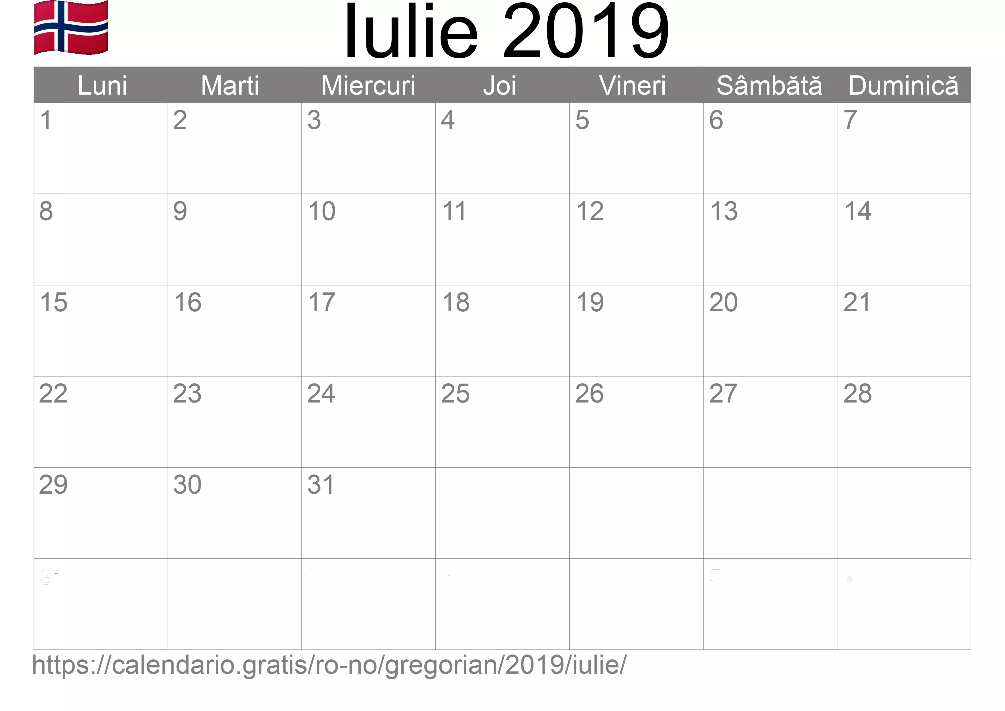 Calendar Iulie 2019 pentru imprimare (Norvegia)