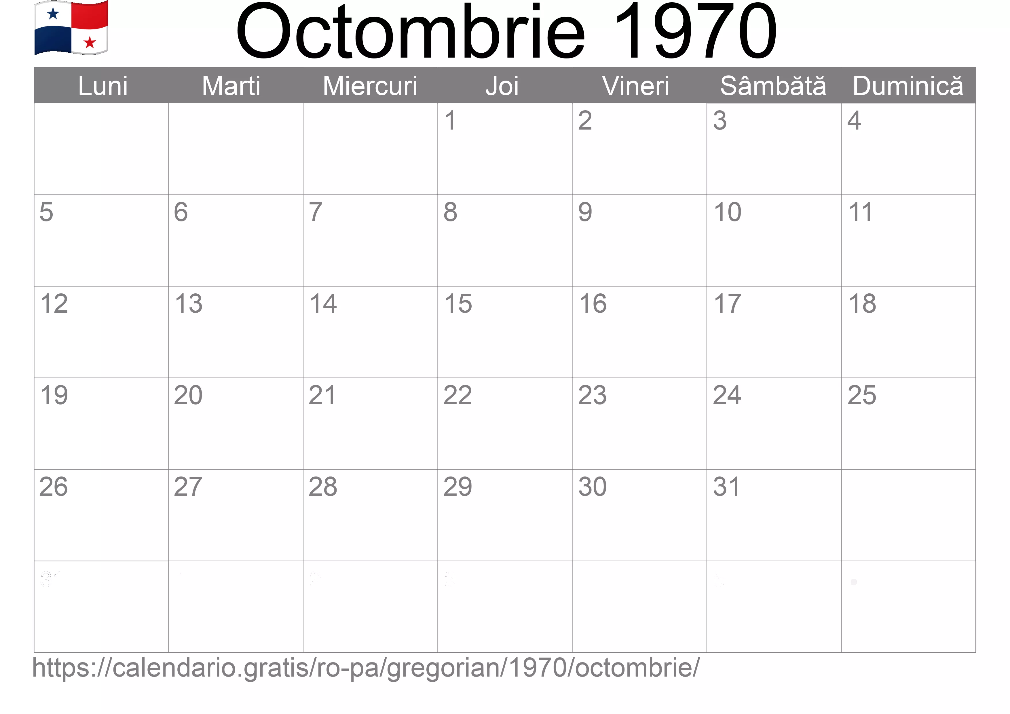 Calendar Octombrie 1970 pentru imprimare (Panama)