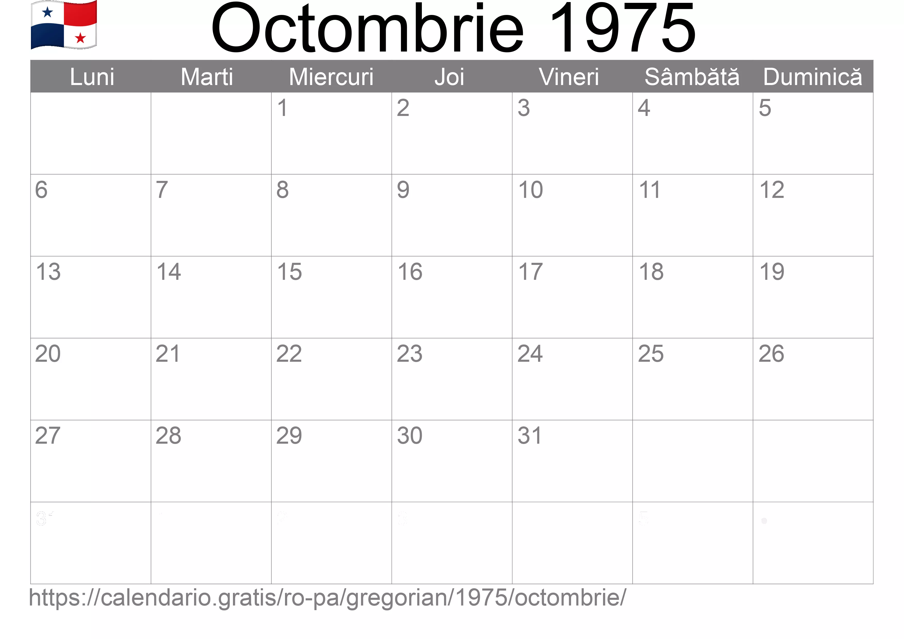 Calendar Octombrie 1975 pentru imprimare (Panama)