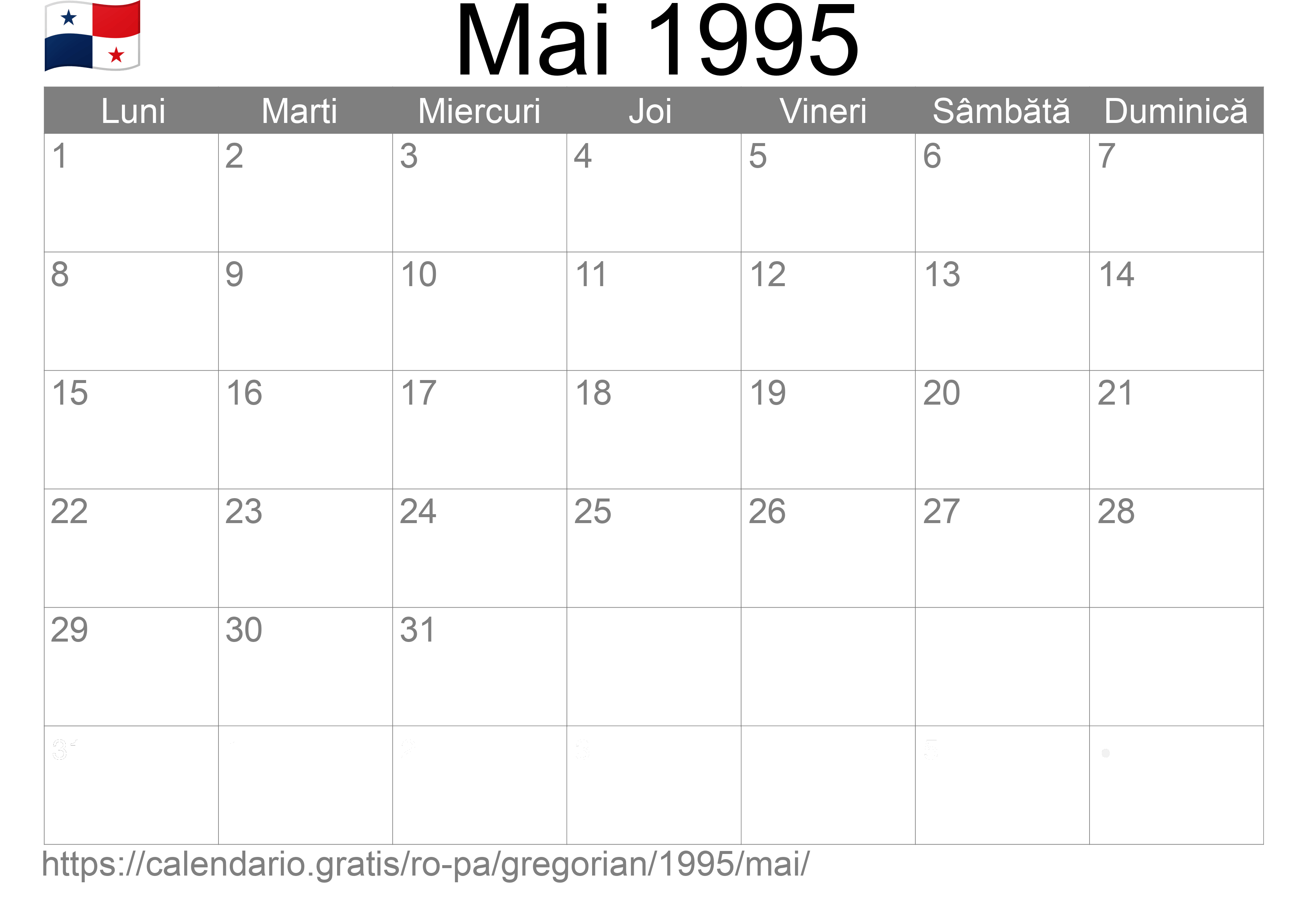 Calendar Mai 1995 pentru imprimare