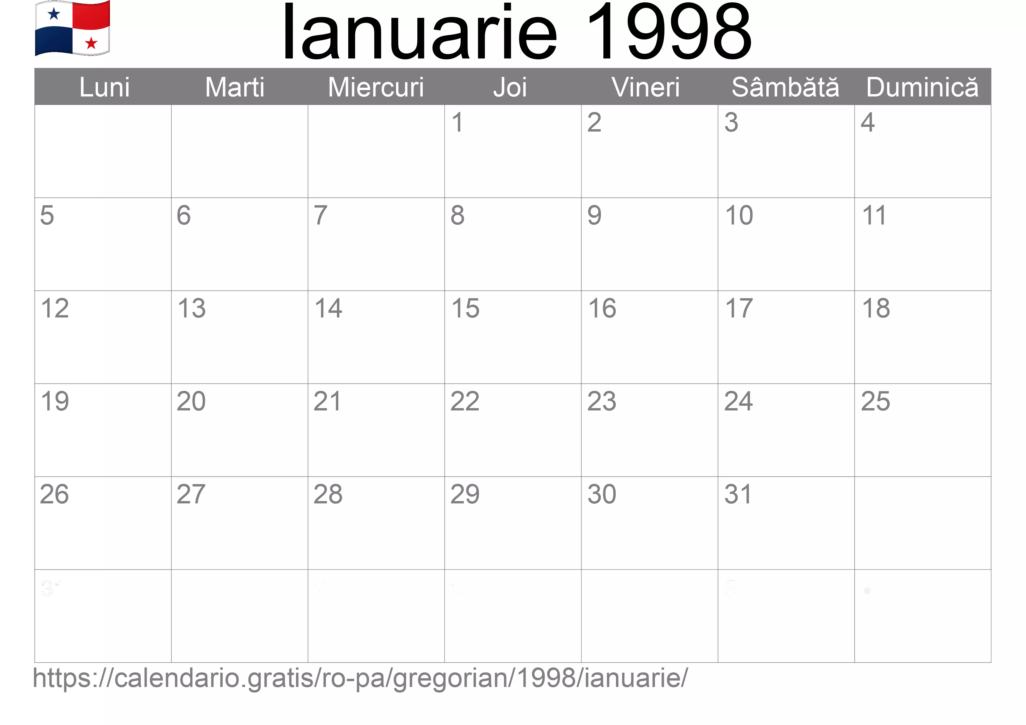 Calendar Ianuarie 1998 pentru imprimare (Panama)