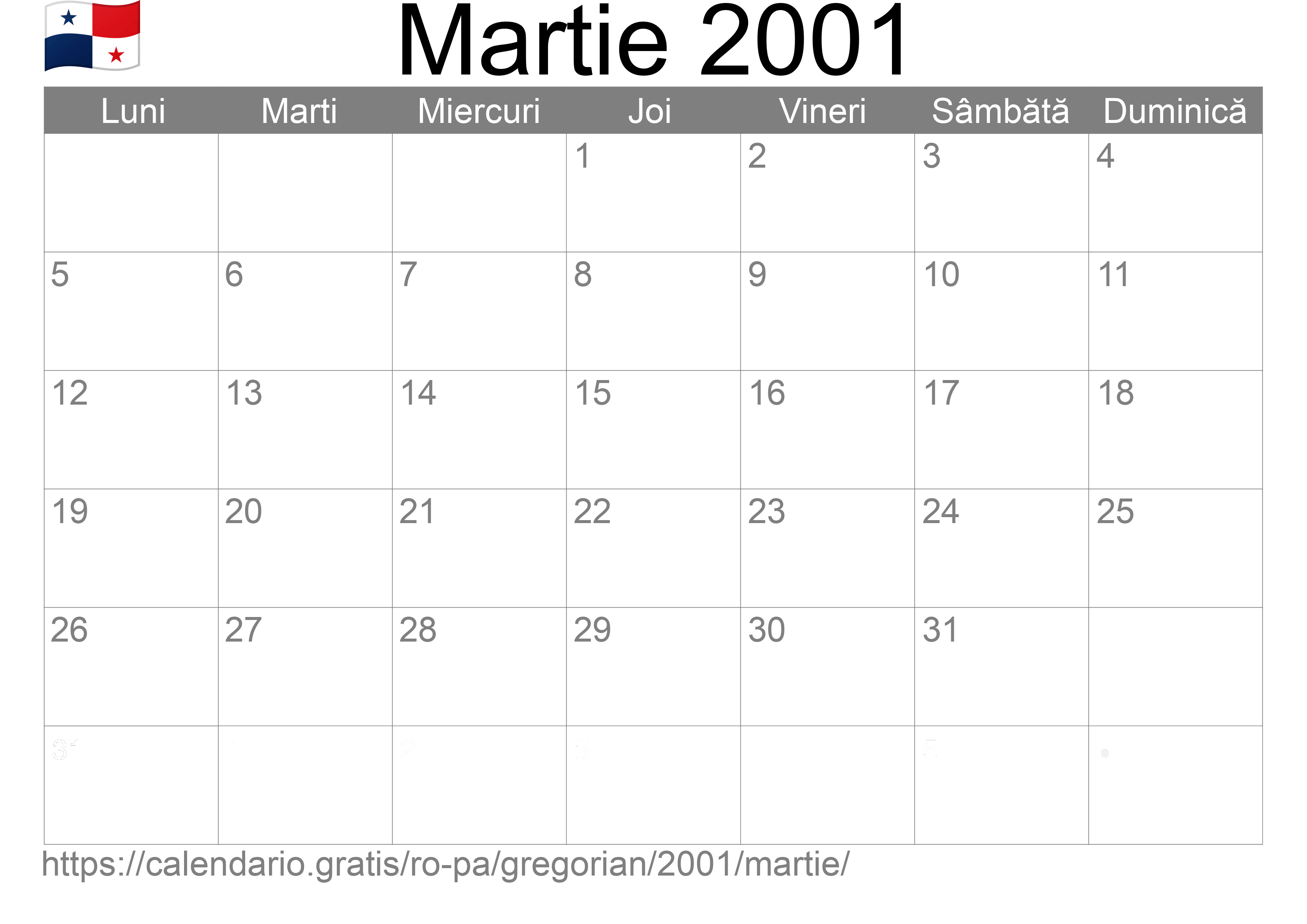 Calendar Martie 2001 pentru imprimare