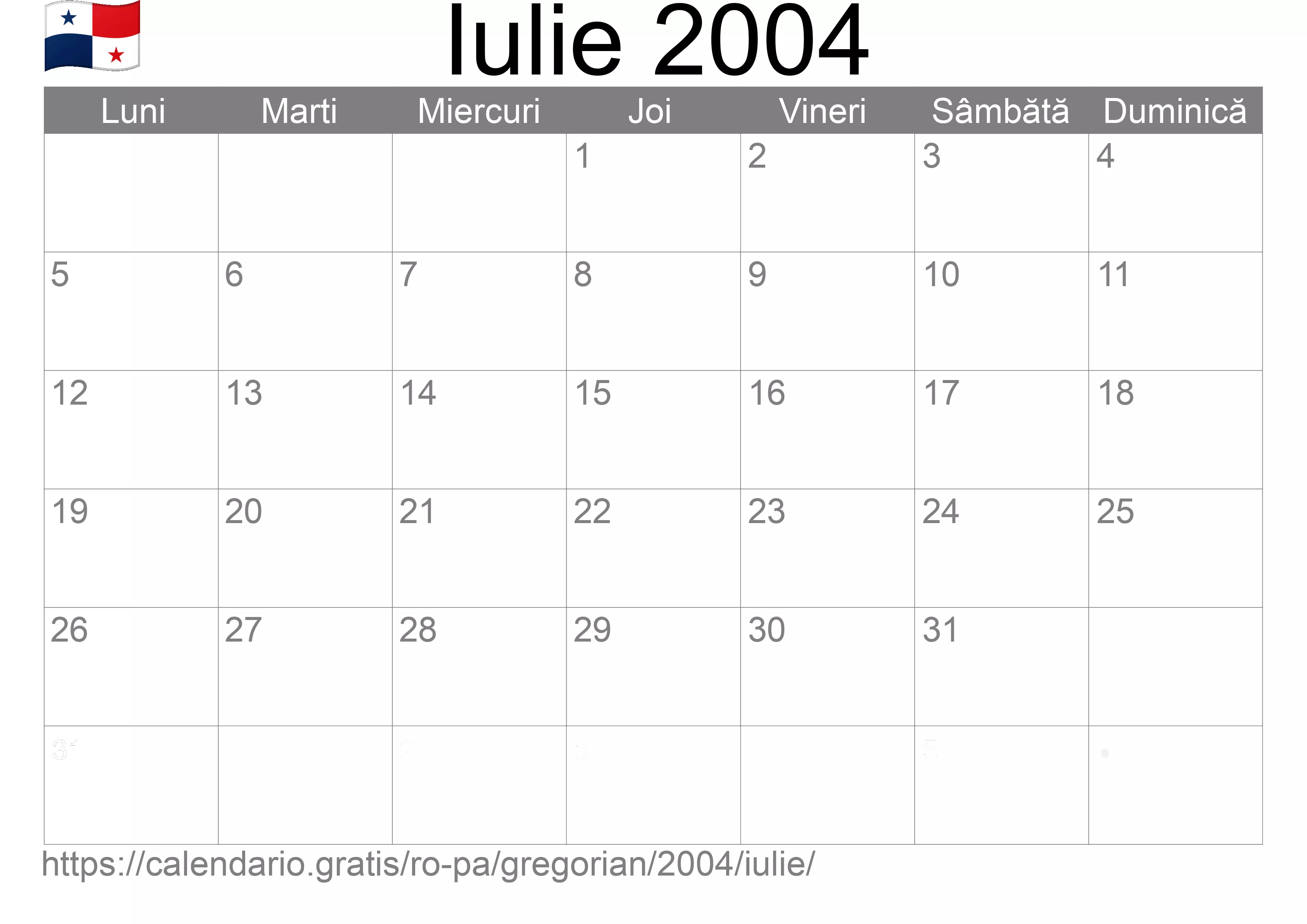 Calendar Iulie 2004 pentru imprimare (Panama)