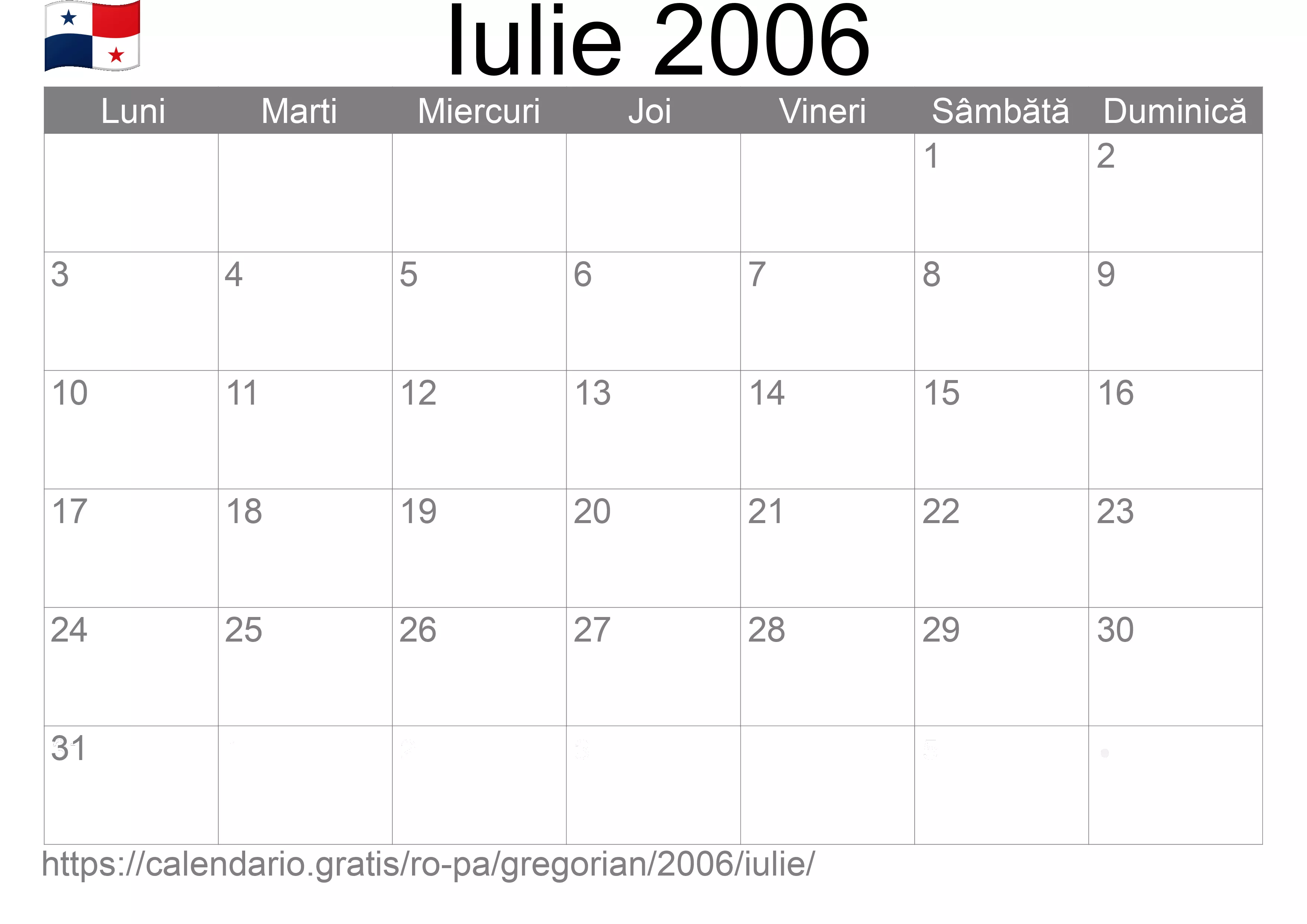 Calendar Iulie 2006 pentru imprimare (Panama)