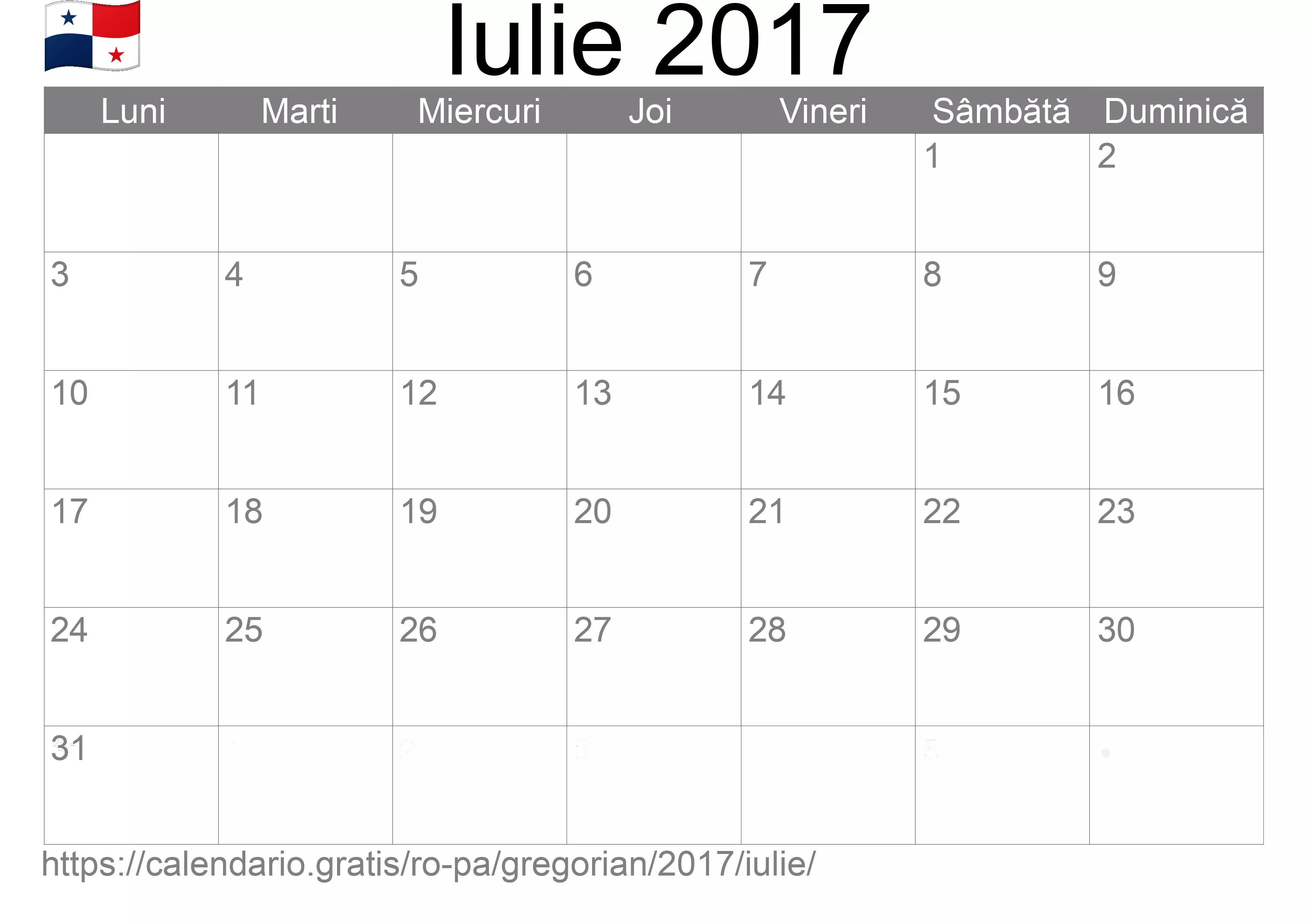 Calendar Iulie 2017 pentru imprimare (Panama)