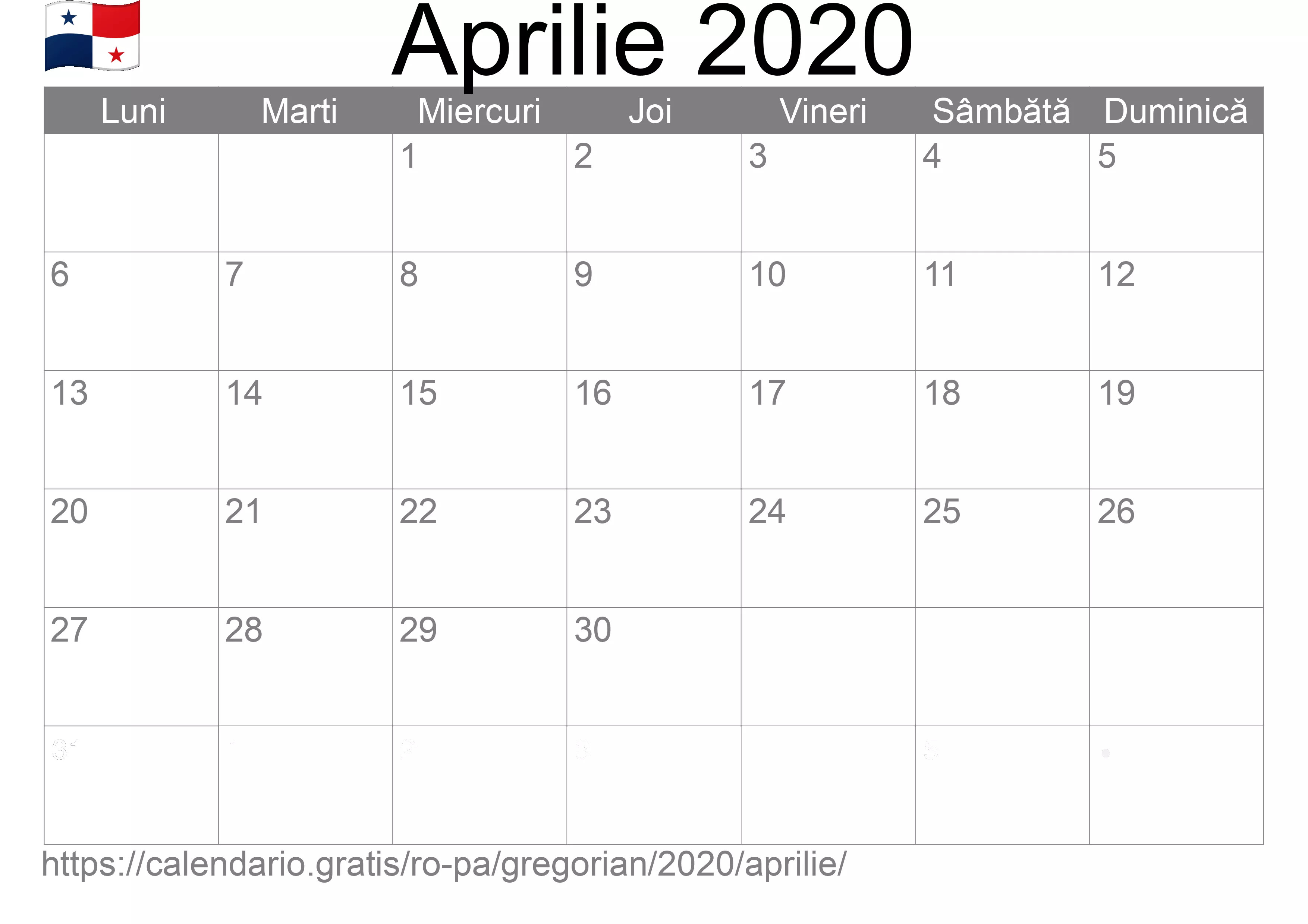 Calendar Aprilie 2020 pentru imprimare (Panama)