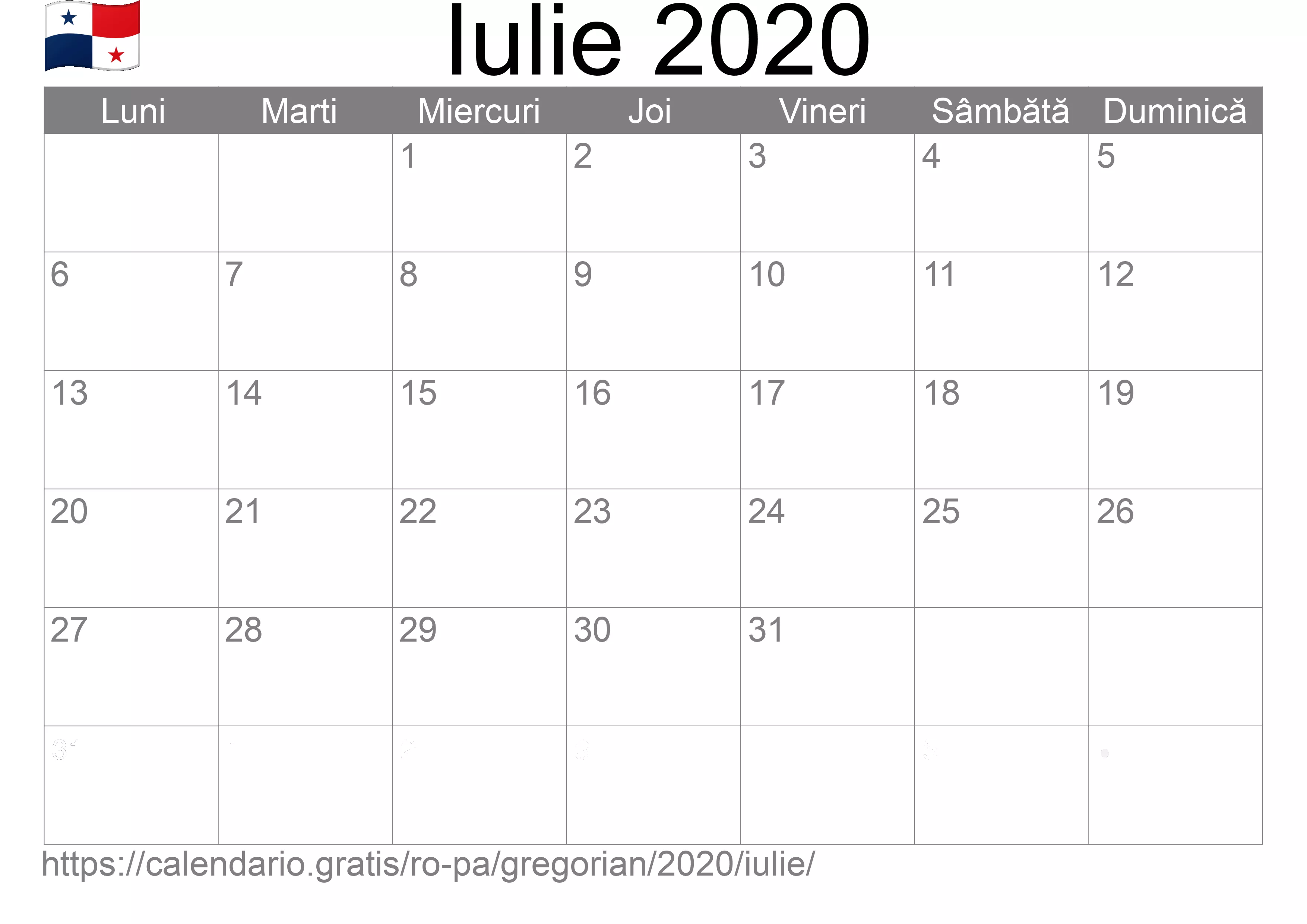 Calendar Iulie 2020 pentru imprimare (Panama)