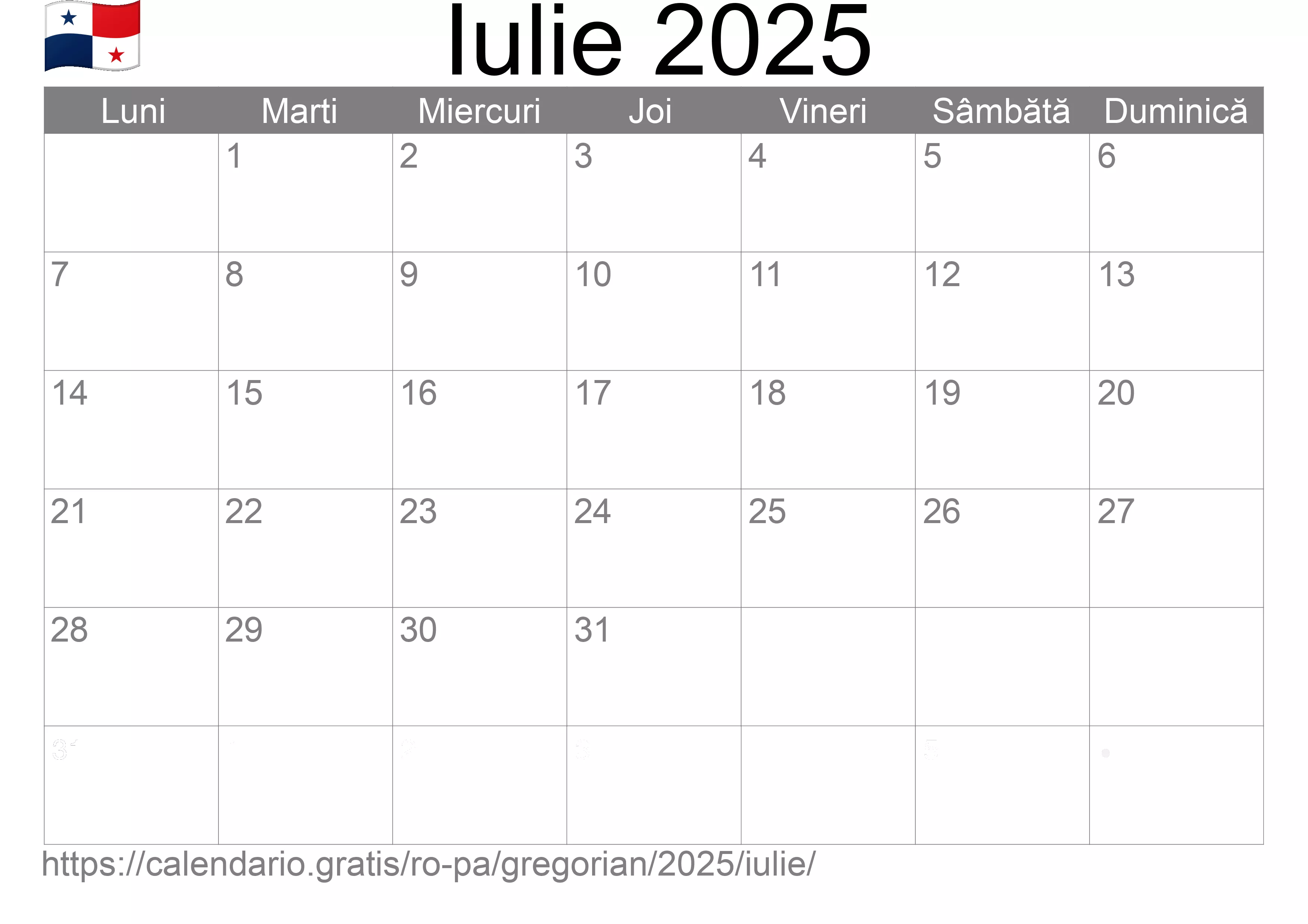 Calendar Iulie 2025 pentru imprimare (Panama)