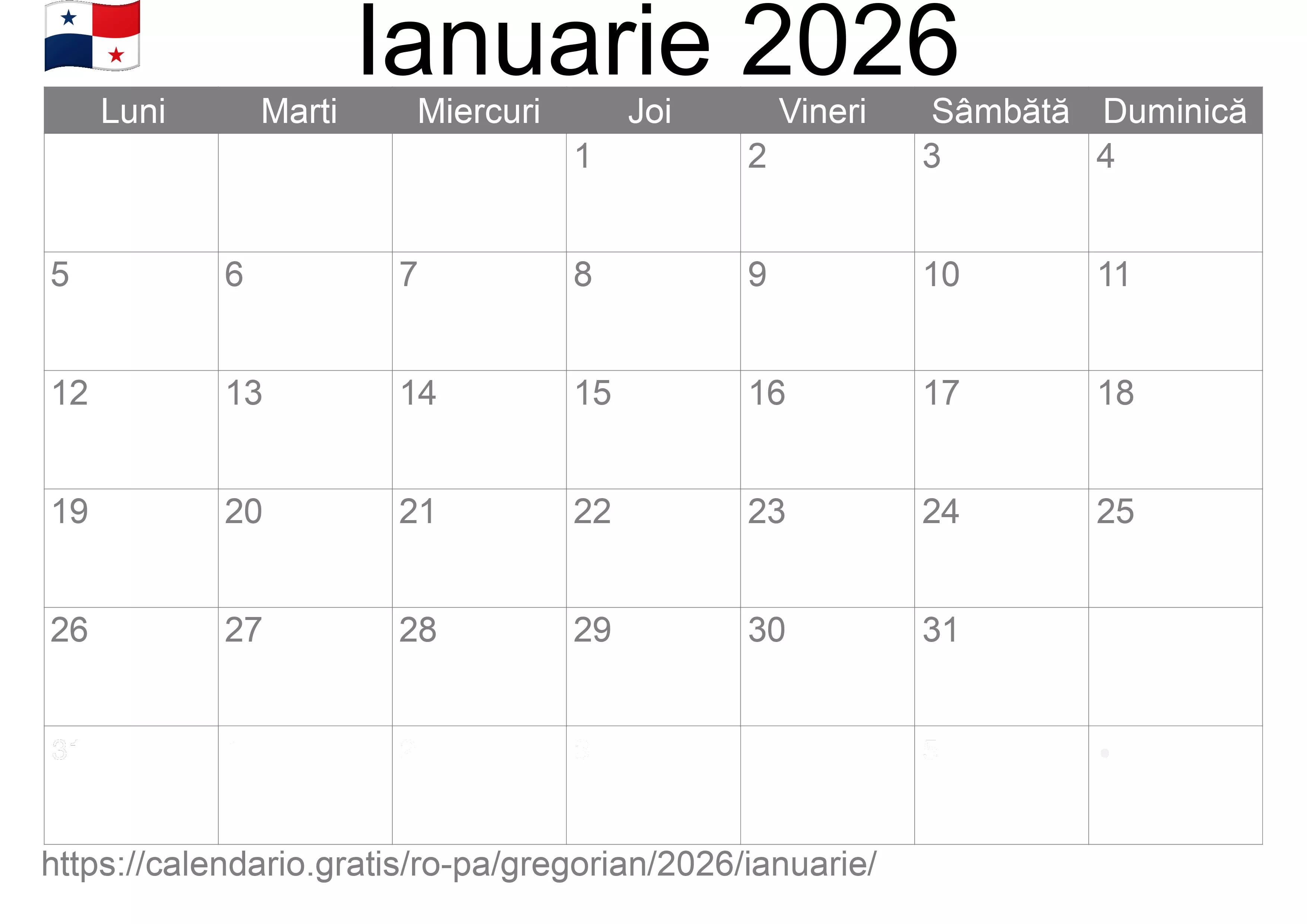 Calendar Ianuarie 2026 pentru imprimare (Panama)