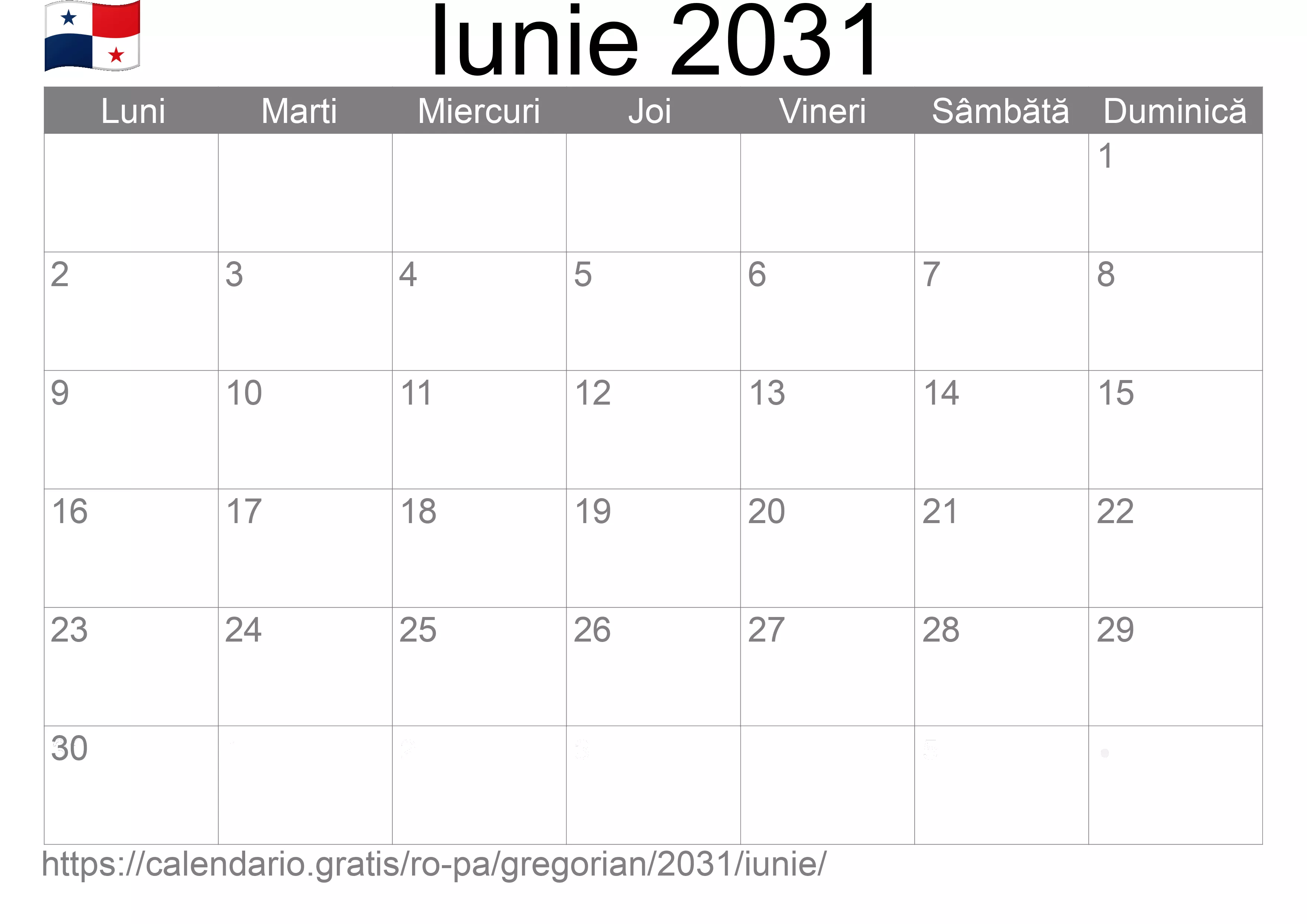 Calendar Iunie 2031 pentru imprimare (Panama)