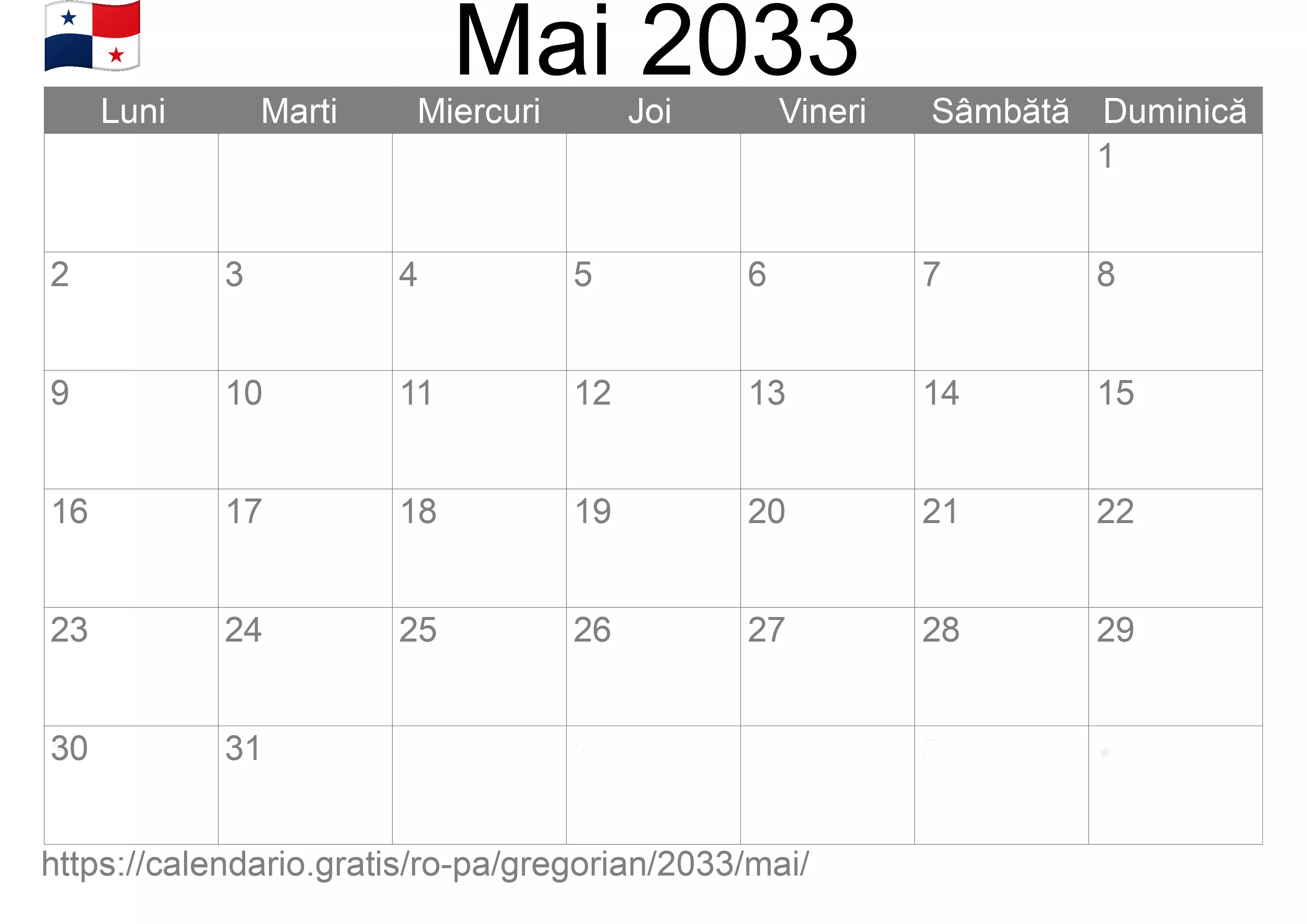 Calendar Mai 2033 pentru imprimare (Panama)