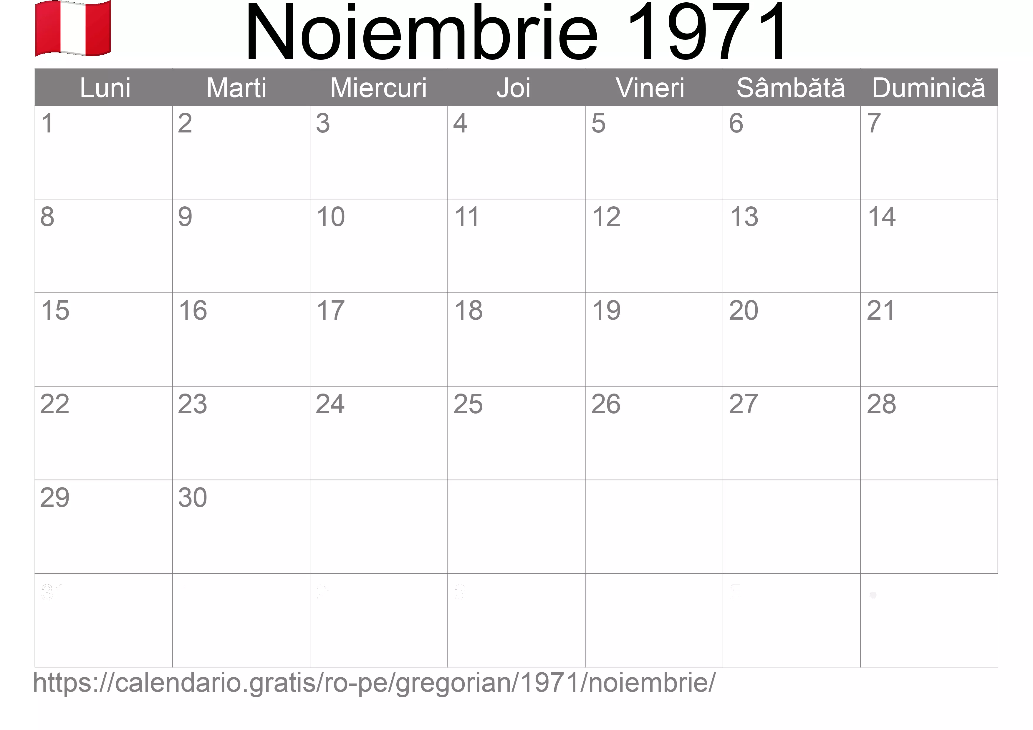 Calendar Noiembrie 1971 pentru imprimare (Peru)