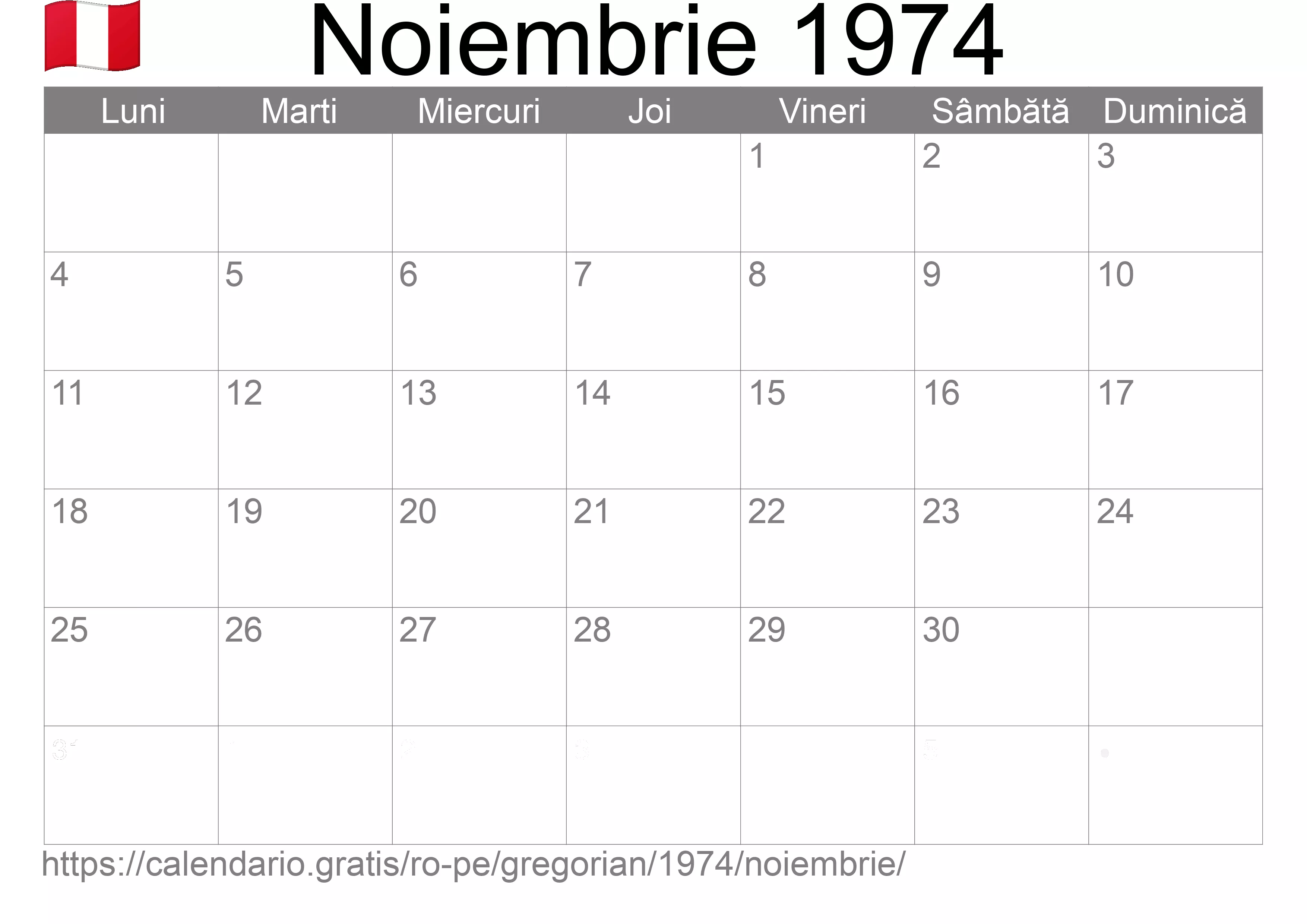 Calendar Noiembrie 1974 pentru imprimare (Peru)