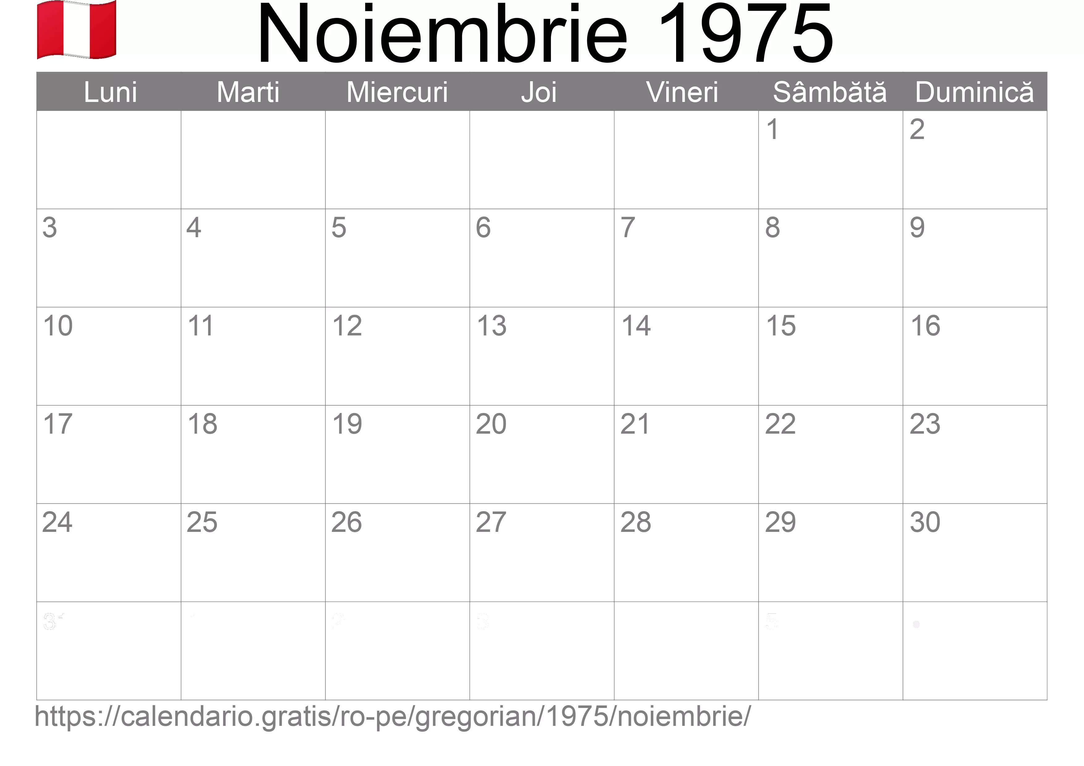 Calendar Noiembrie 1975 pentru imprimare (Peru)