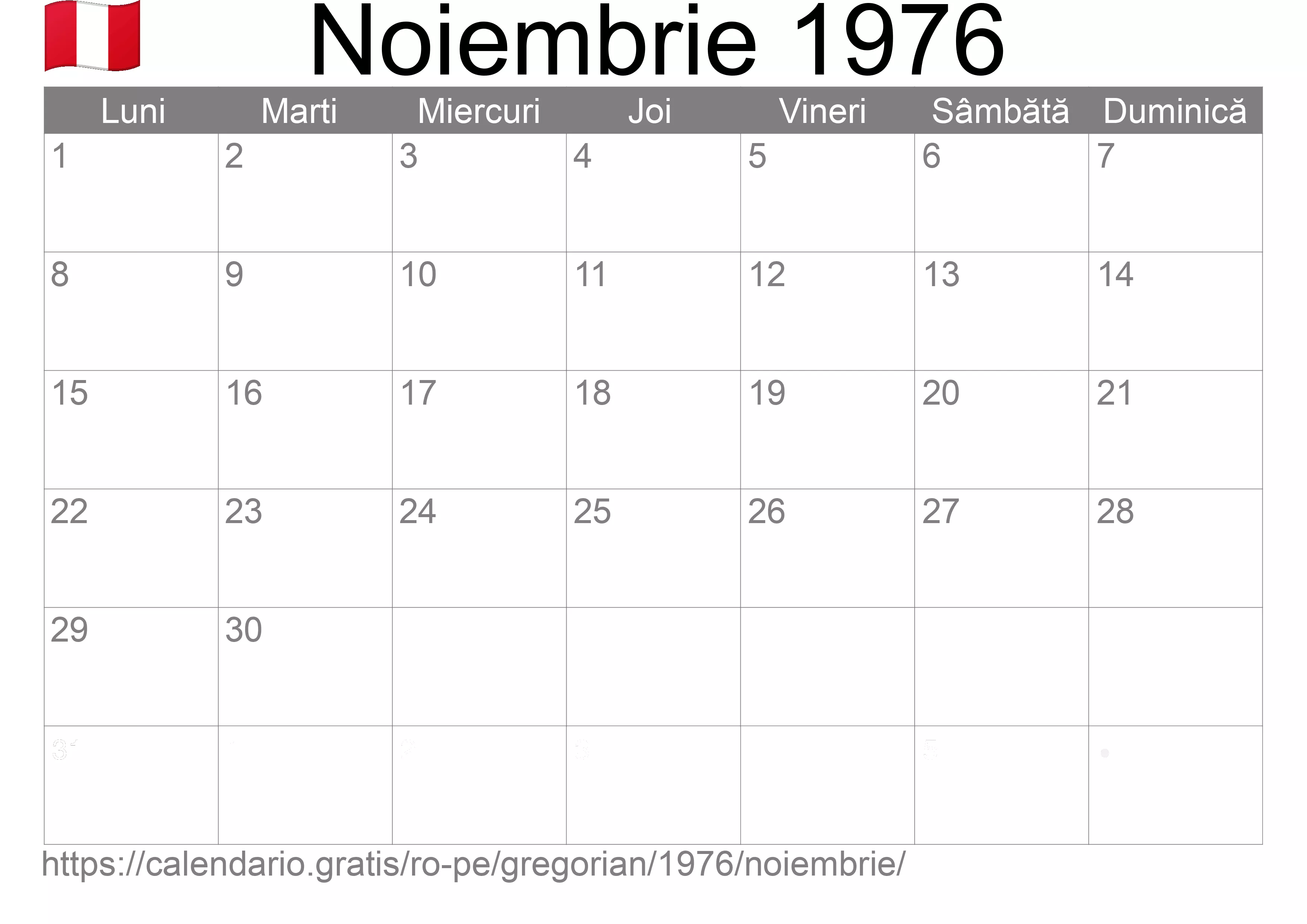 Calendar Noiembrie 1976 pentru imprimare (Peru)