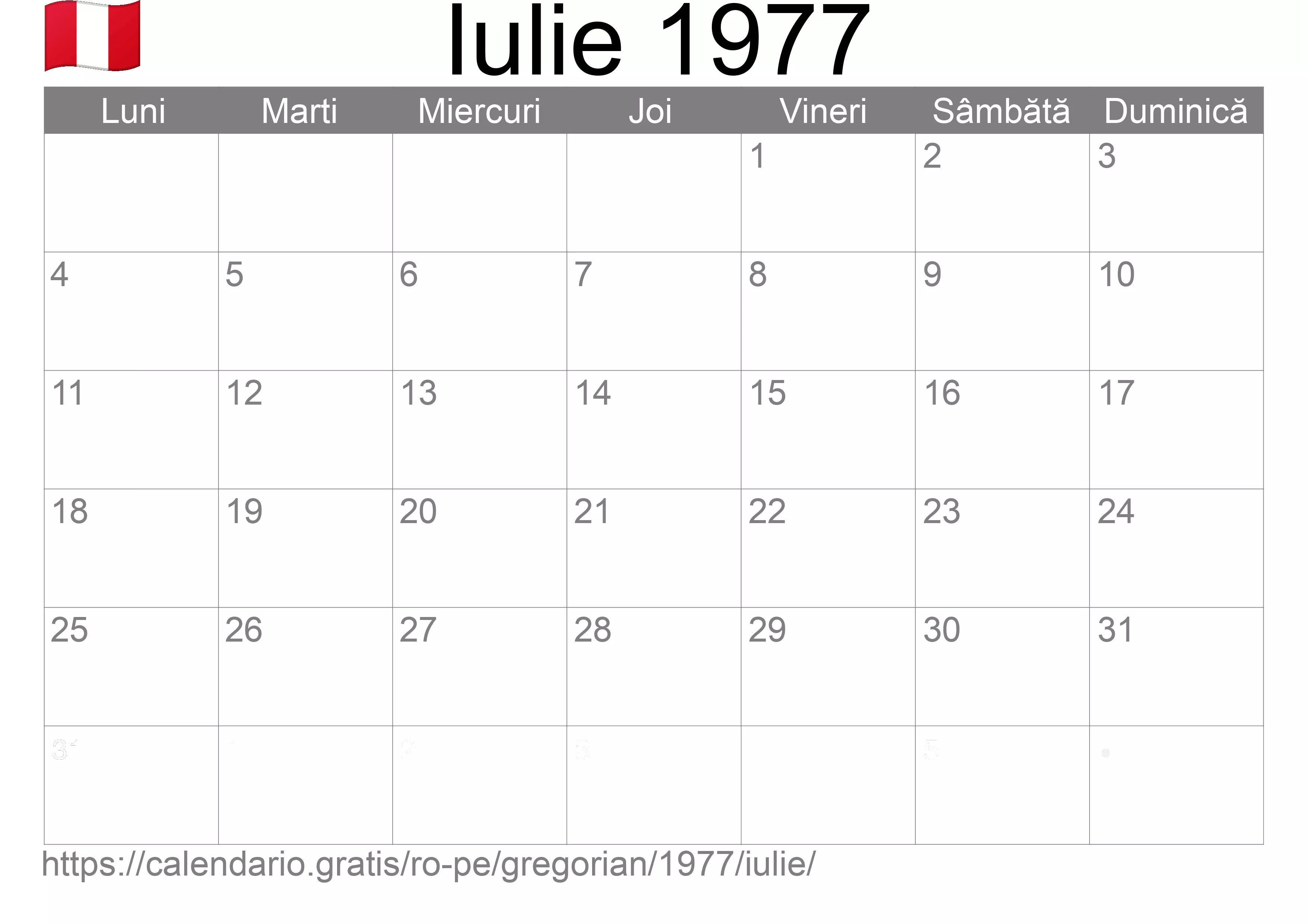Calendar Iulie 1977 pentru imprimare (Peru)