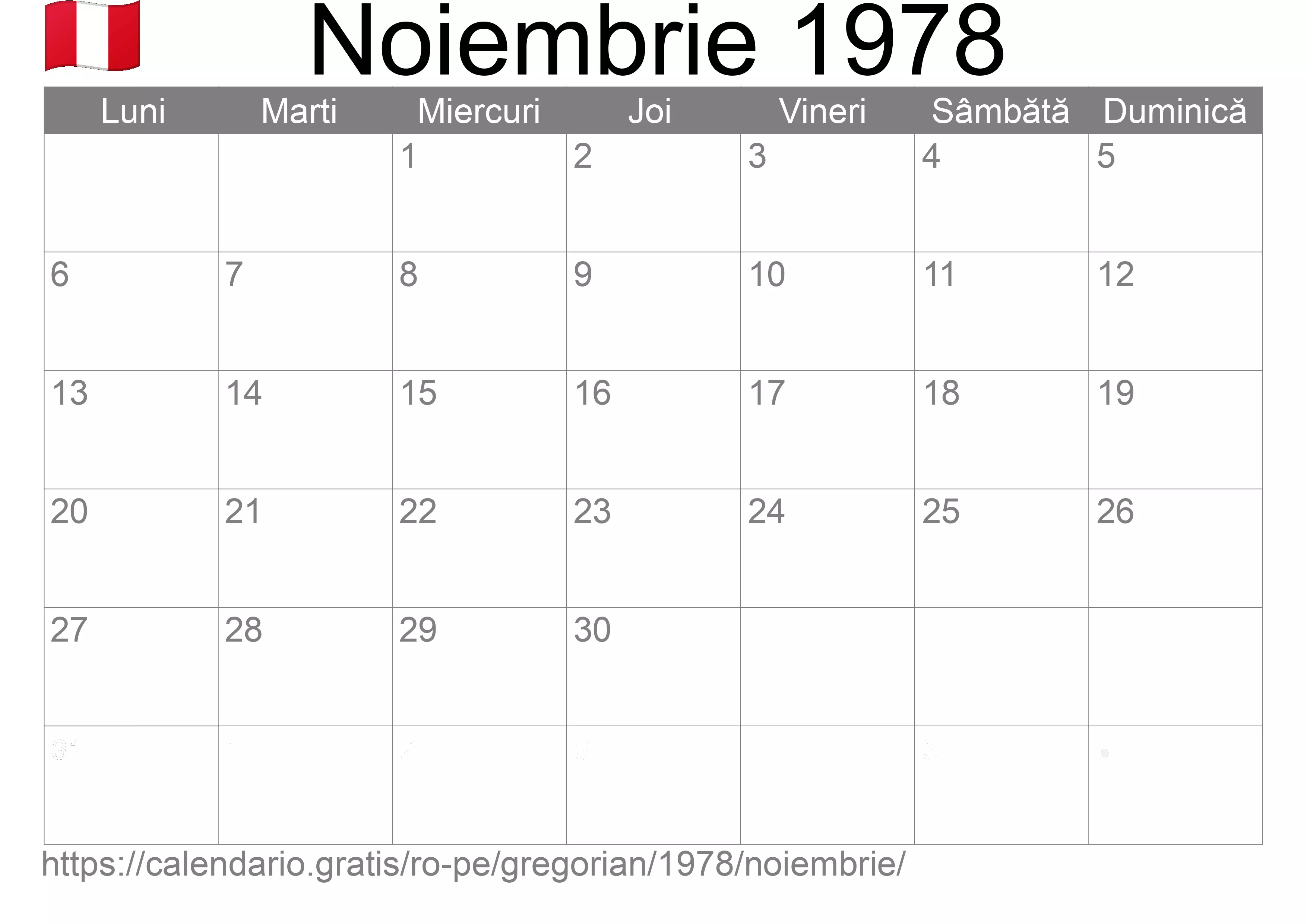 Calendar Noiembrie 1978 pentru imprimare (Peru)