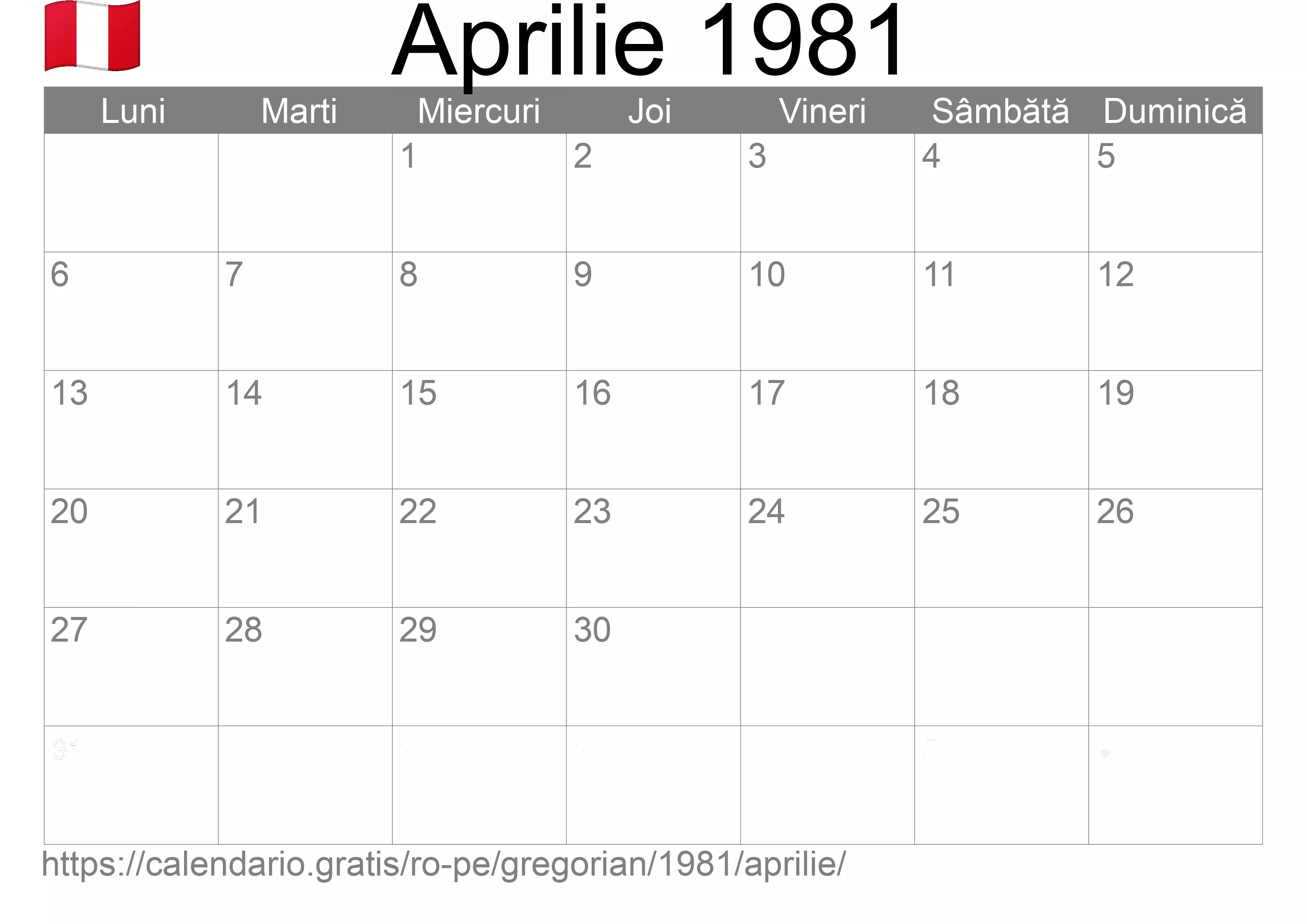 Calendar Aprilie 1981 pentru imprimare (Peru)