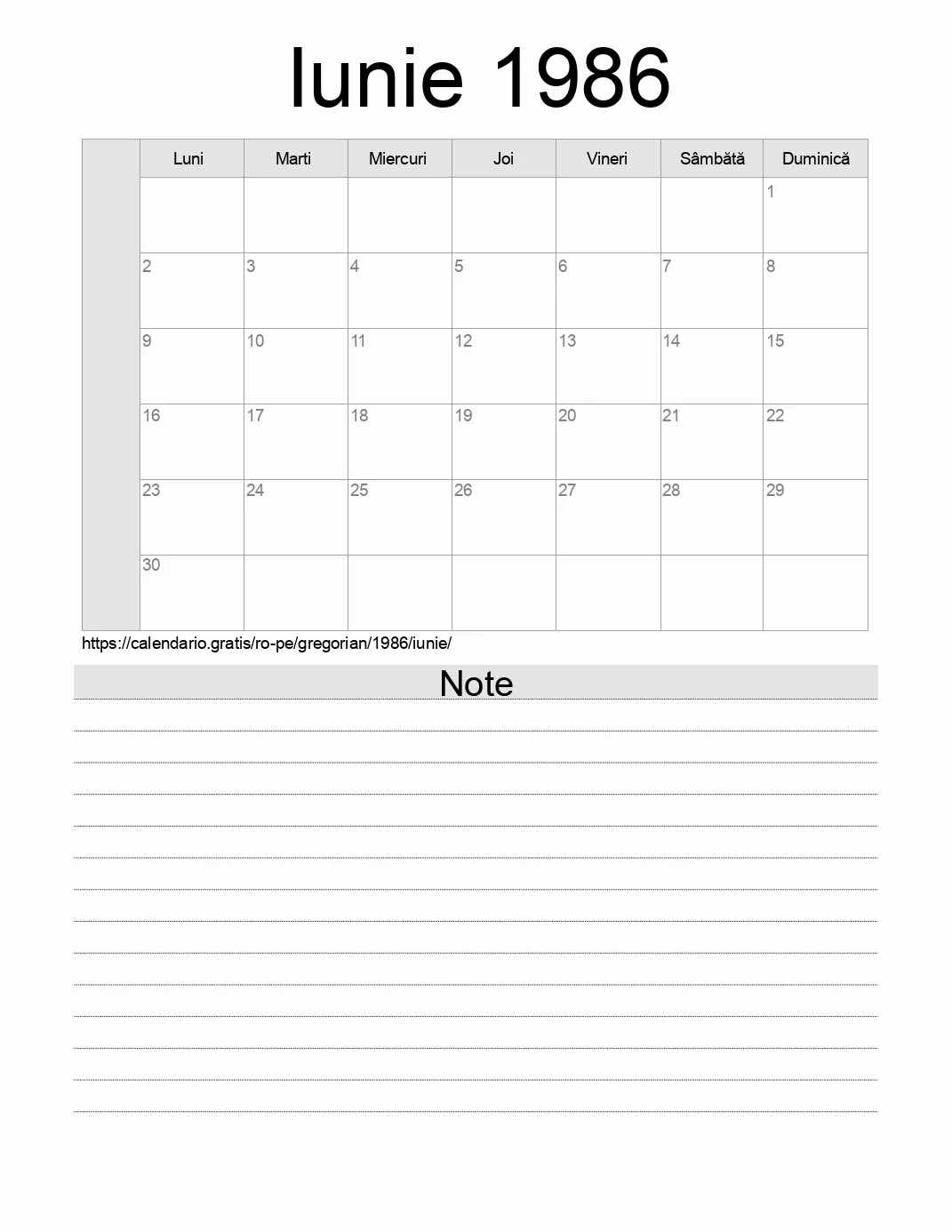 Calendar pentru Iunie 1986 de imprimat cu note. (Peru)