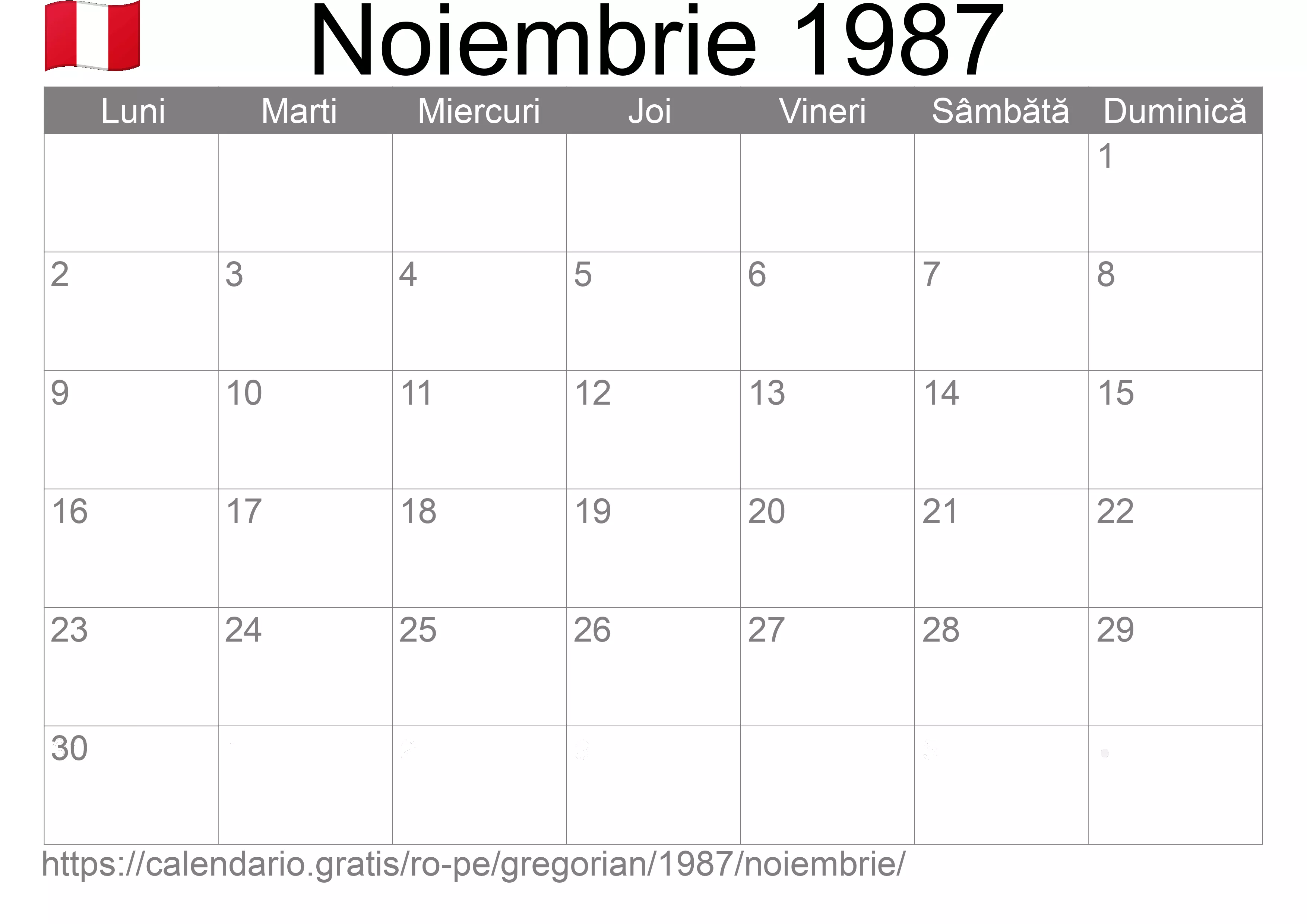 Calendar Noiembrie 1987 pentru imprimare (Peru)