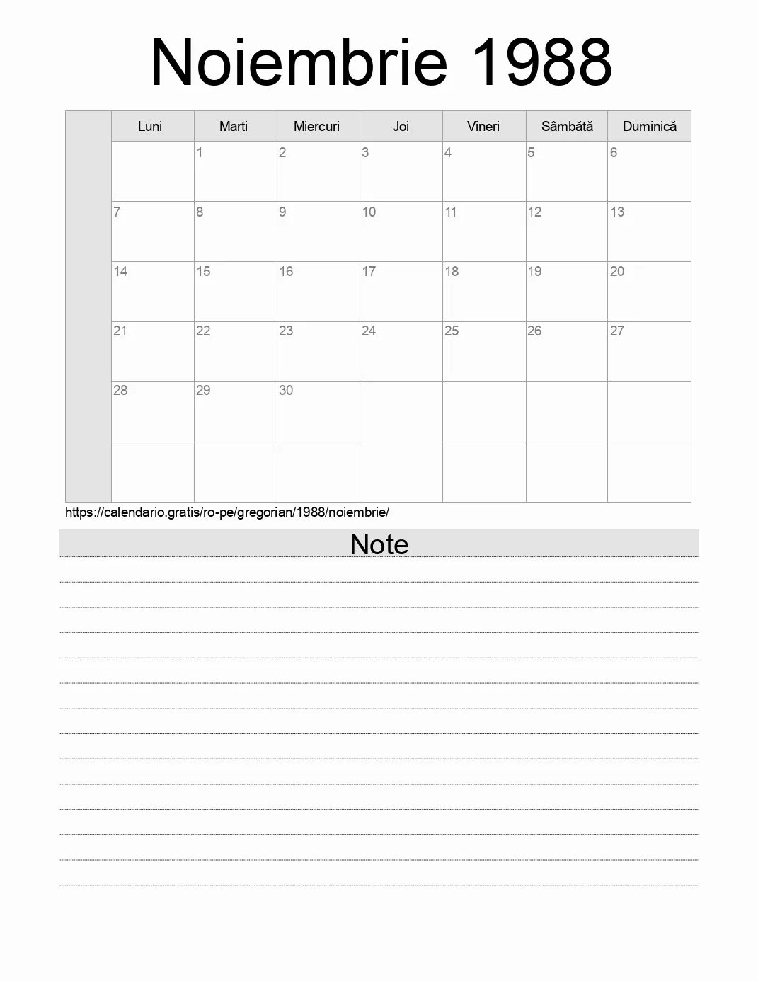 Calendar pentru Noiembrie 1988 de imprimat cu note. (Peru)