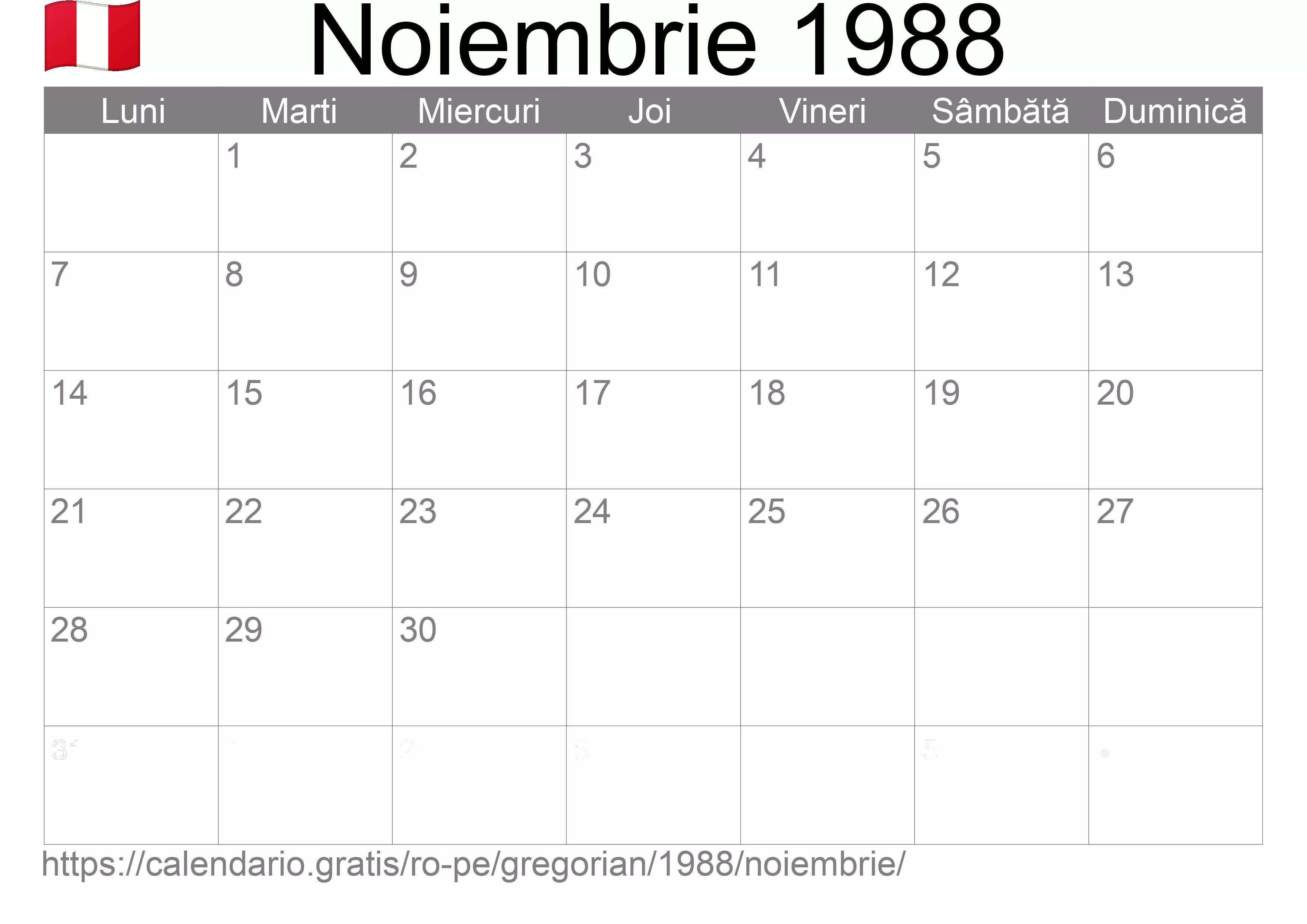 Calendar Noiembrie 1988 pentru imprimare (Peru)