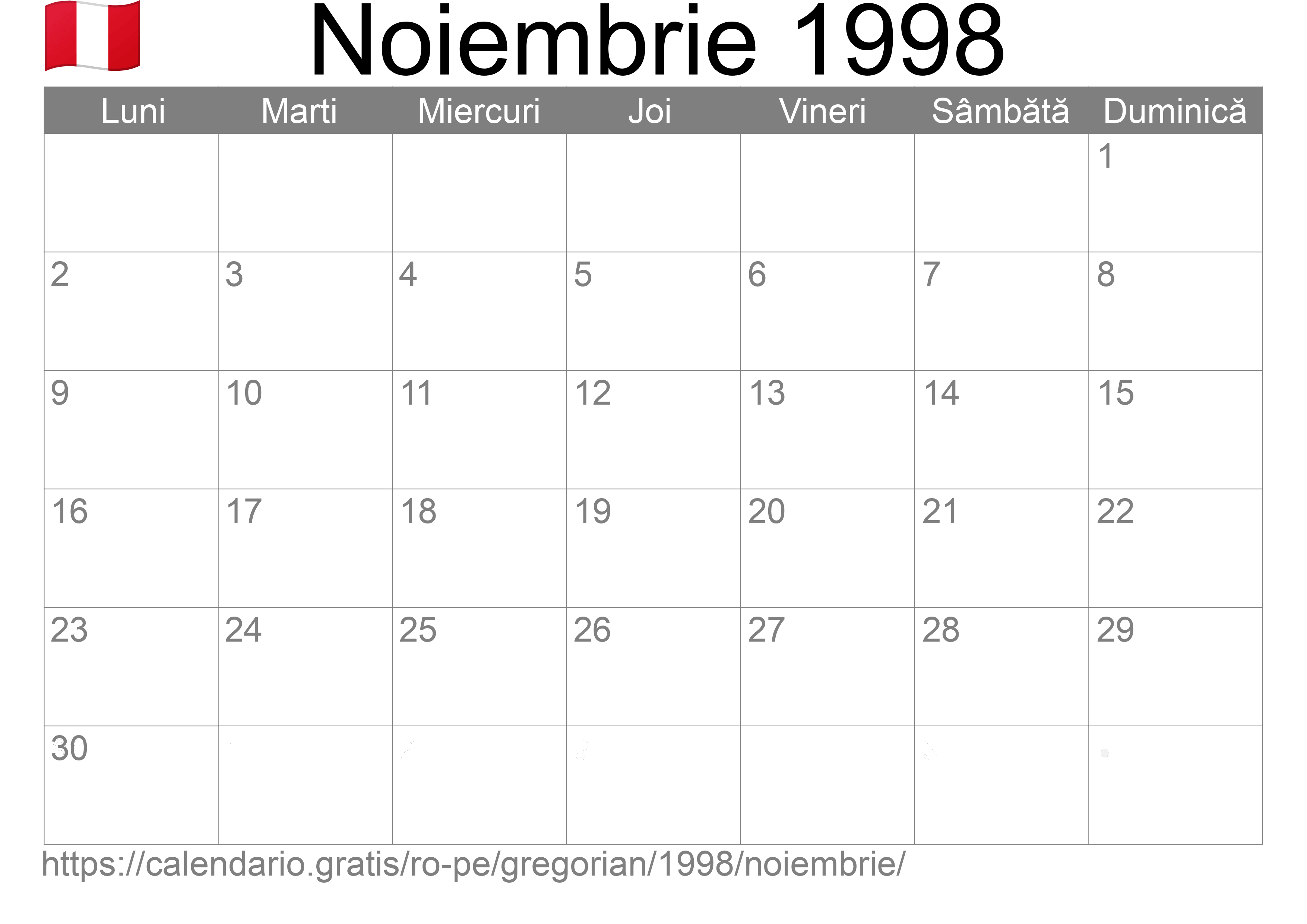 Calendar Noiembrie 1998 pentru imprimare