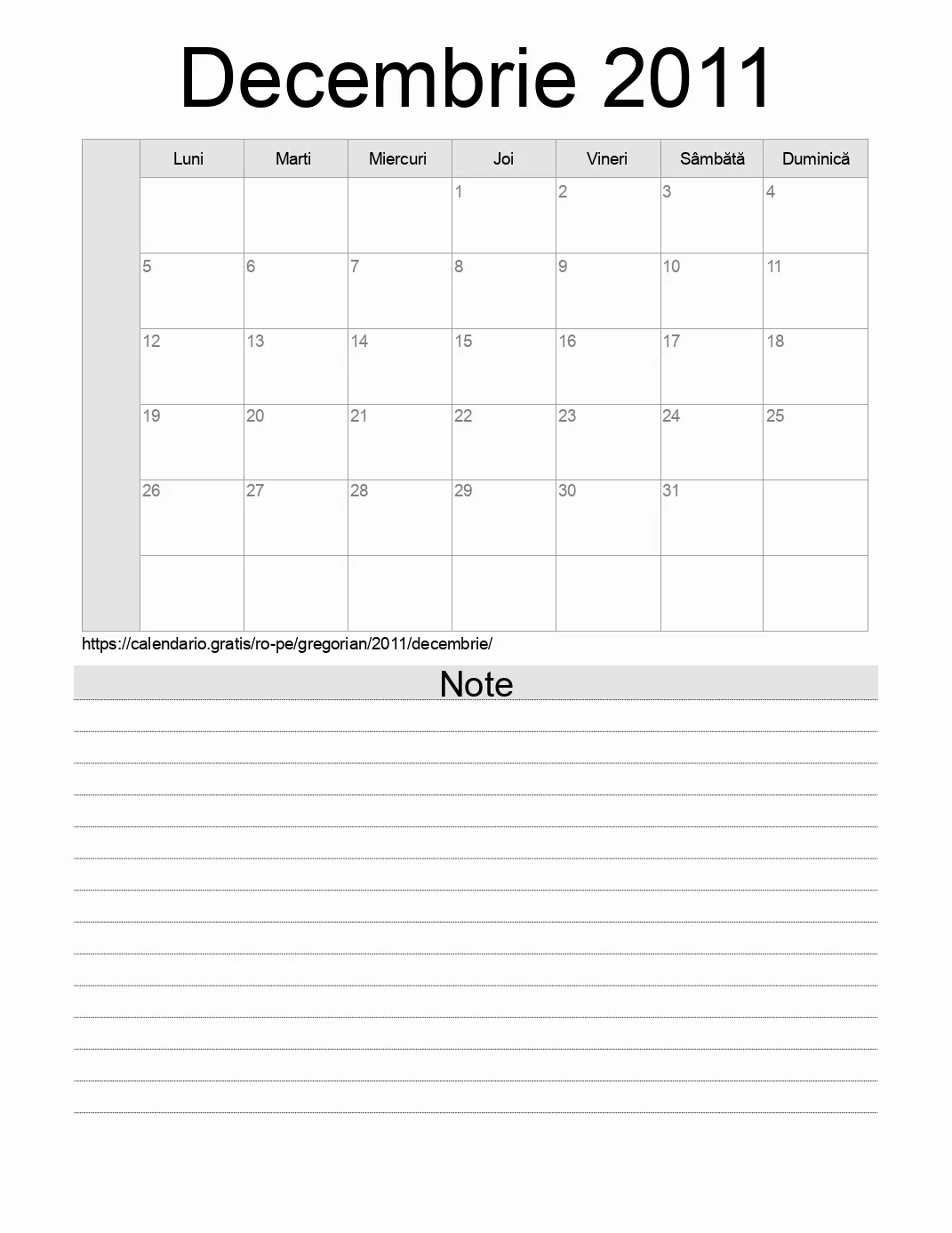 Calendar pentru Decembrie 2011 de imprimat cu note. (Peru)