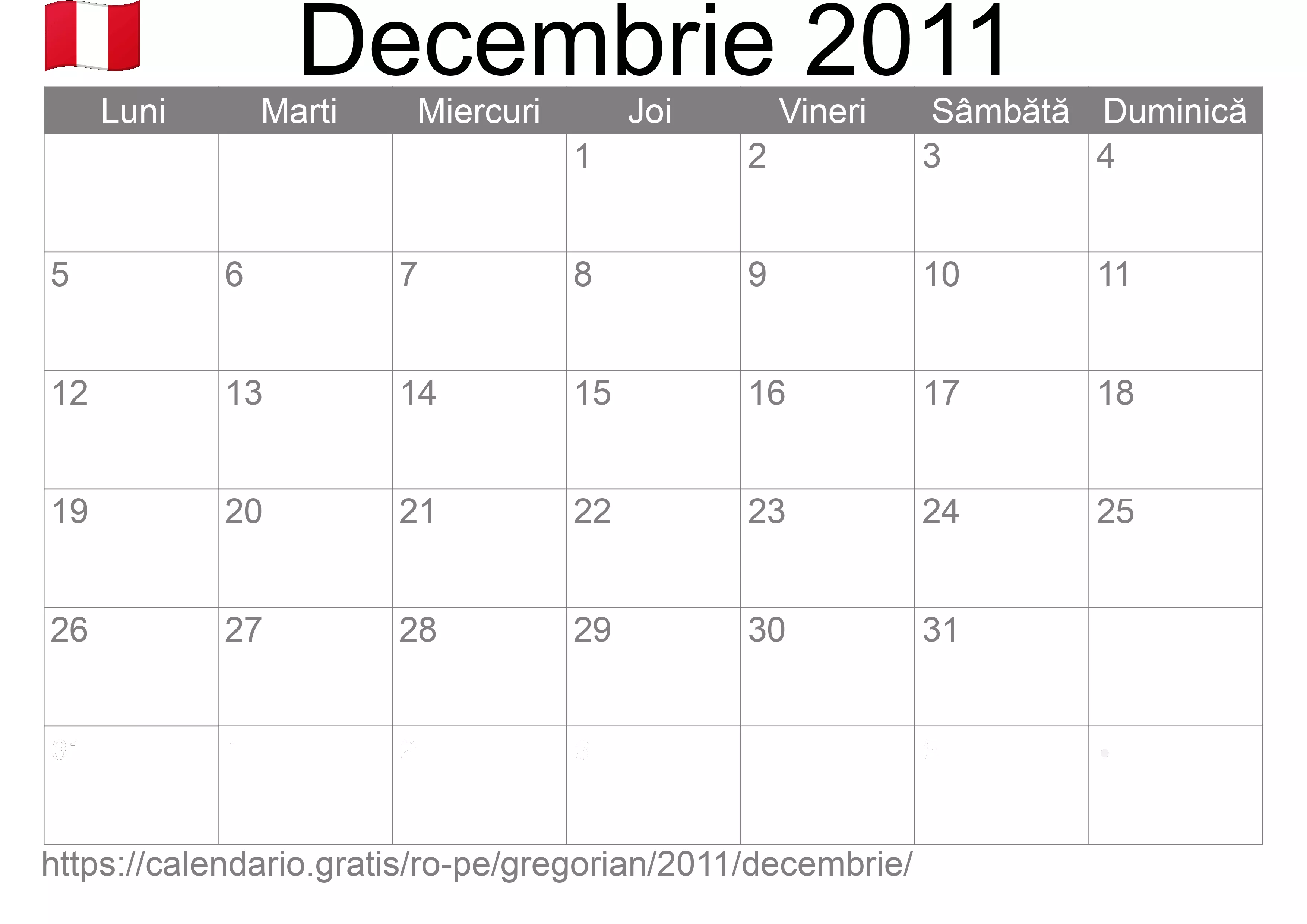 Calendar Decembrie 2011 pentru imprimare (Peru)