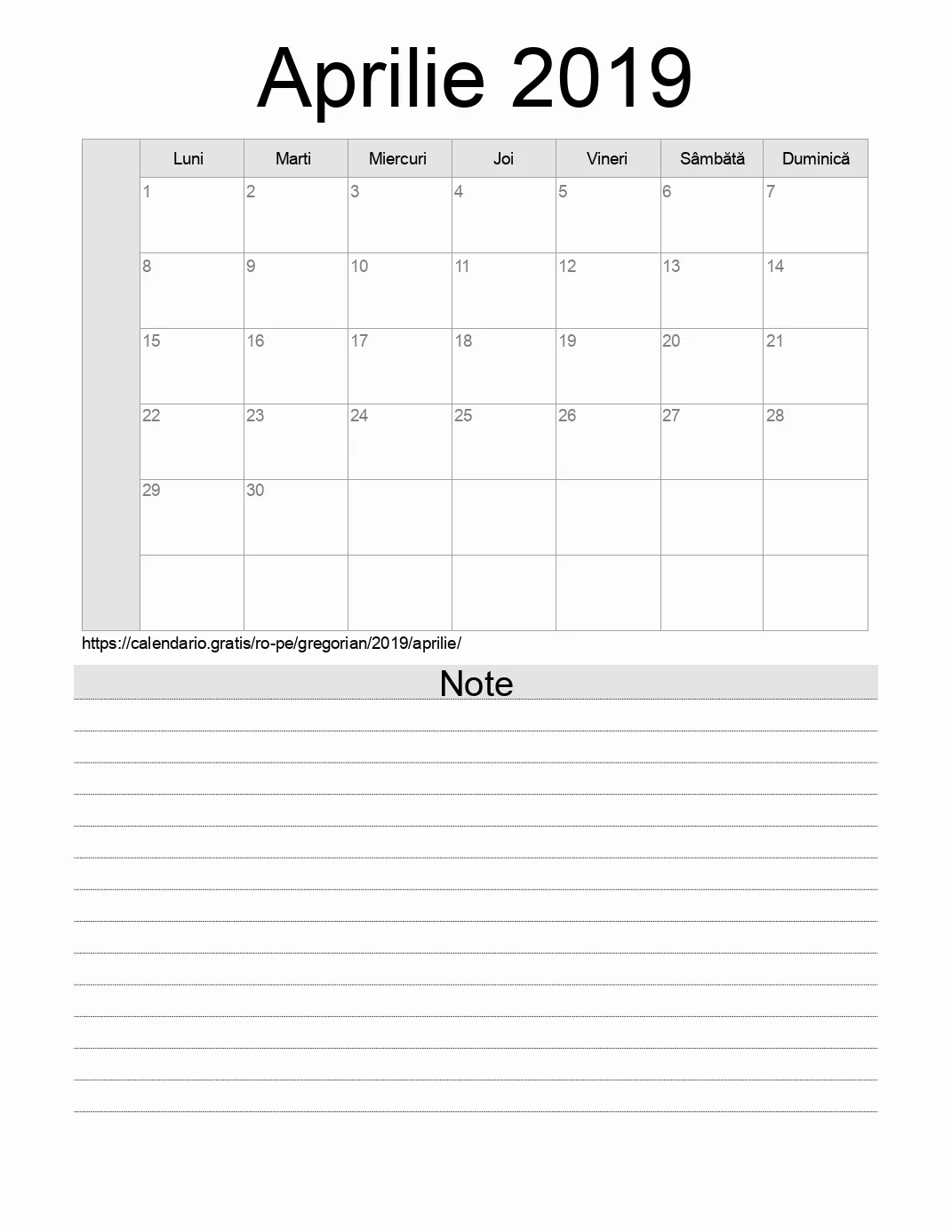 Calendar pentru Aprilie 2019 de imprimat cu note. (Peru)